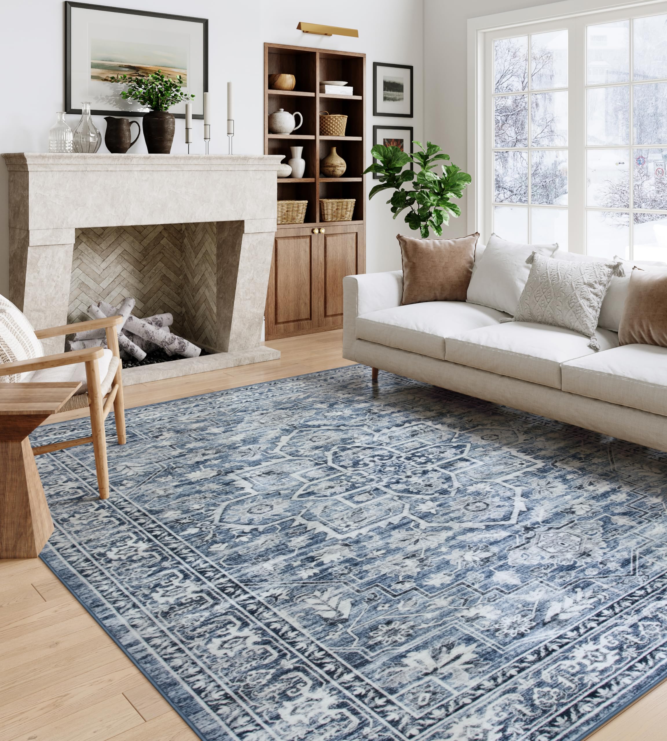 Lahome Oriental 8x10 Area Rugs-8x10 Rugs for Living Room Soft Ultra-thin Washable Rug, Traditional Bedroom Rug Distressed Non Shedding Dining Rug for Room Office(8x10ft,Blue)
