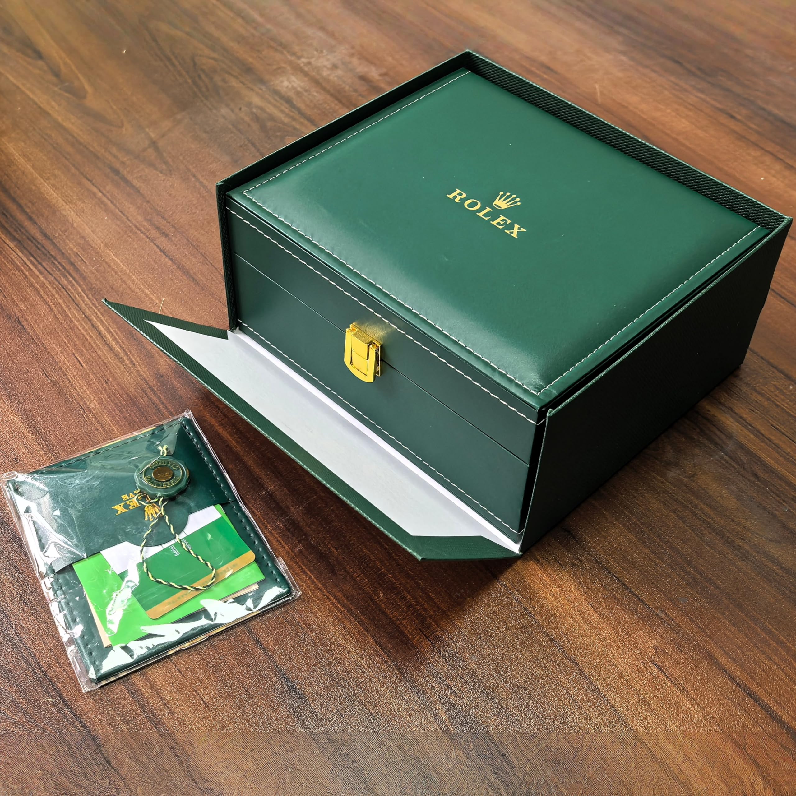Caja de Reloj Ranura Individual Estuche de Madera de Cuero PU Verde con Caja Exterior Y Bolsa para Rolex Oyster Perpetual