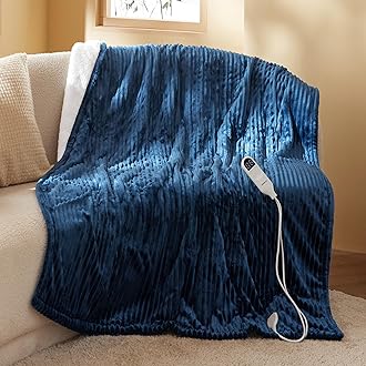 Bedsure GentleSoft Heated Blanket Electric Throw - Soft Ribbed Flannel Electric Blanket, Heating with 4 Time Settings, 6 Heat Settings, and 3 hrs Timer Auto Shut Off, Gifts for Grandma (50"x60", Navy)