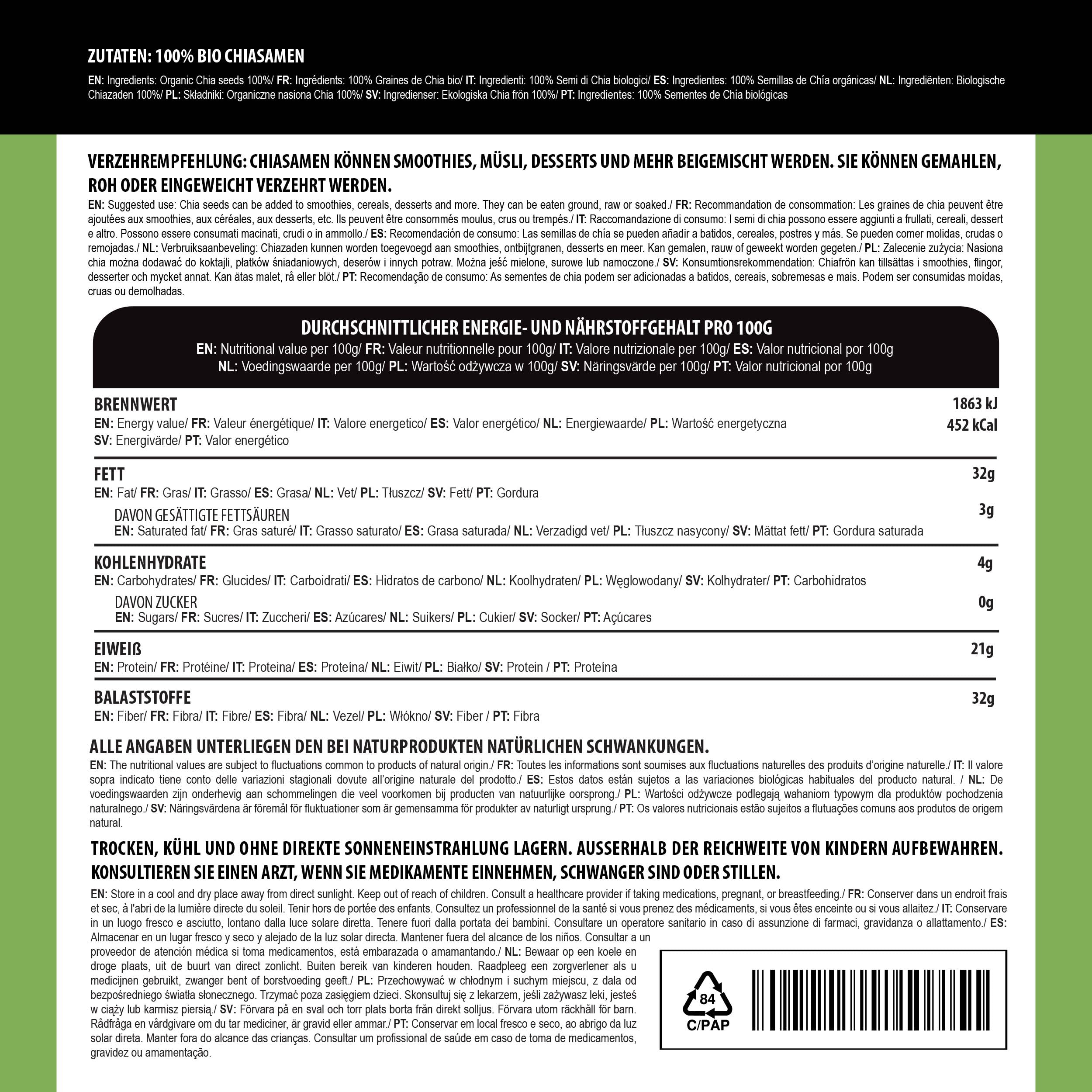 Semillas de Chía Orgánica Alpi Nature 500g Enteras para Batidos, Yogur y Muesli