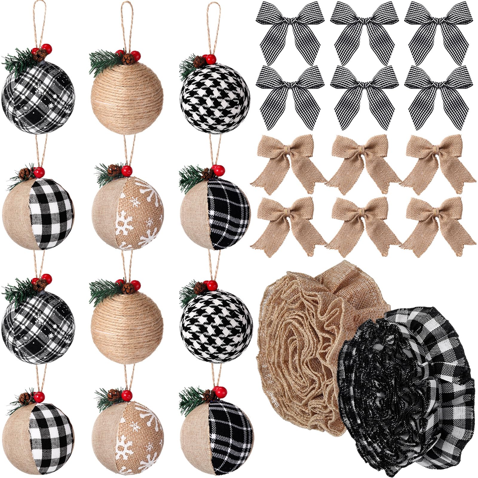 Aoriher Ornements de Boule de Noël Rustiques en Toile de Jute Décorations Suspendues d'arbre de Noël de Ferme Ornement à Carreaux de Buffle Suspendu Guirlande de Toile de Jute