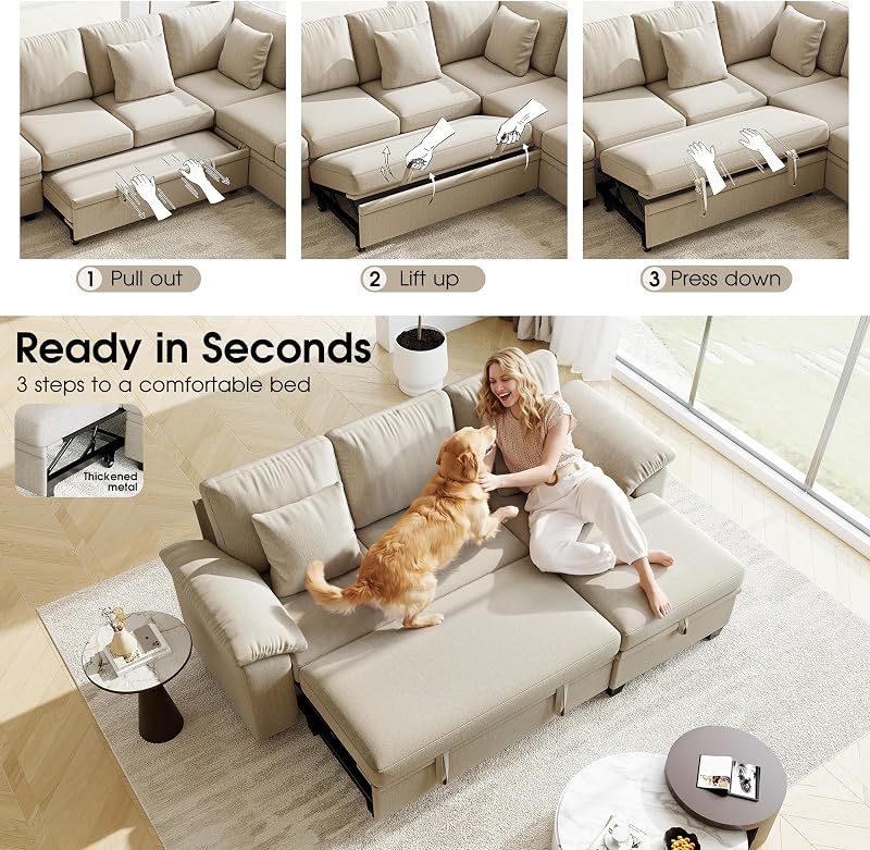 86" Modular Sectional Sleeper Sofa Bed, L Shaped 4 Seat Pull Out Couch with Storage Ottoman, Convertible Cloud Couch Bed, Sectional Couches for Living Room, Apartment (Sand) image 6