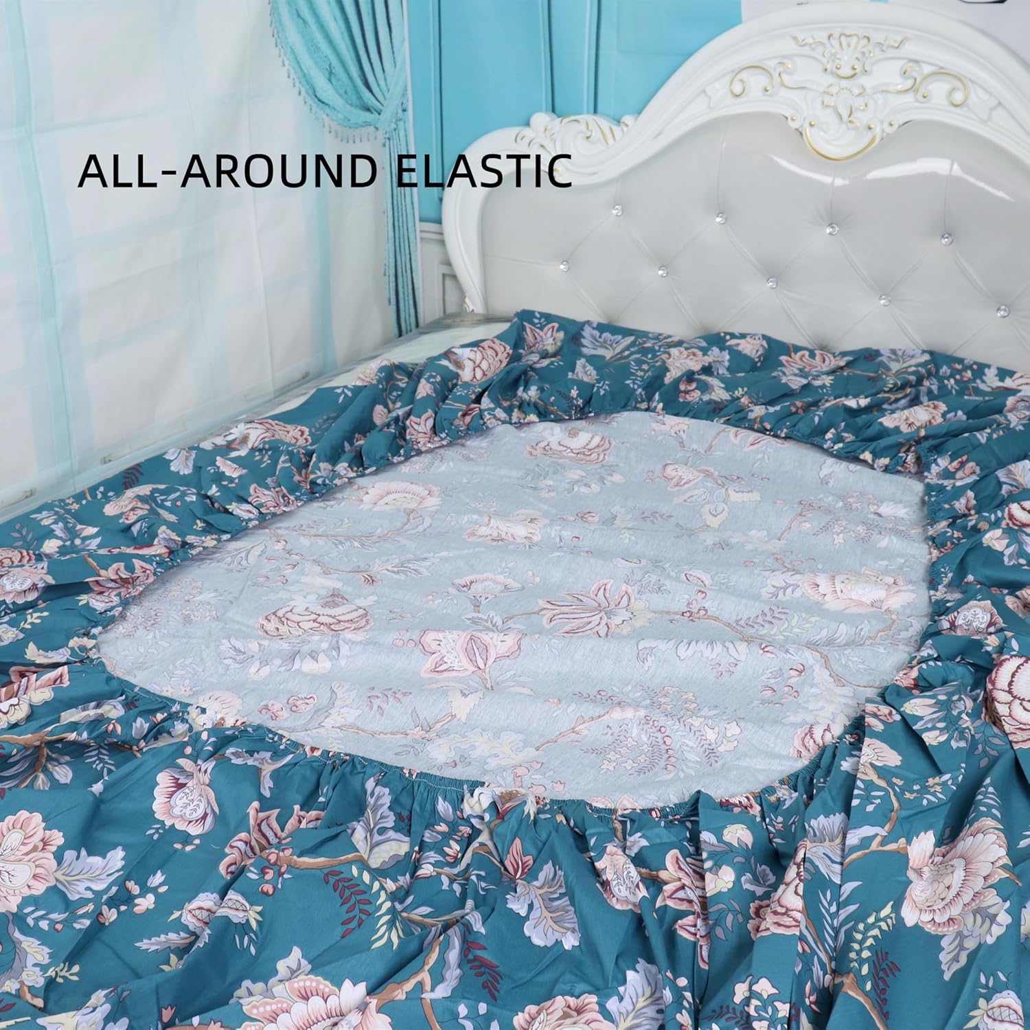 Luxury California King Fitted Sheet Only Teal Printed 100 Percent Cotton Deep Pockets up to 15 inch Easy Care Fitted Bed Sheets
