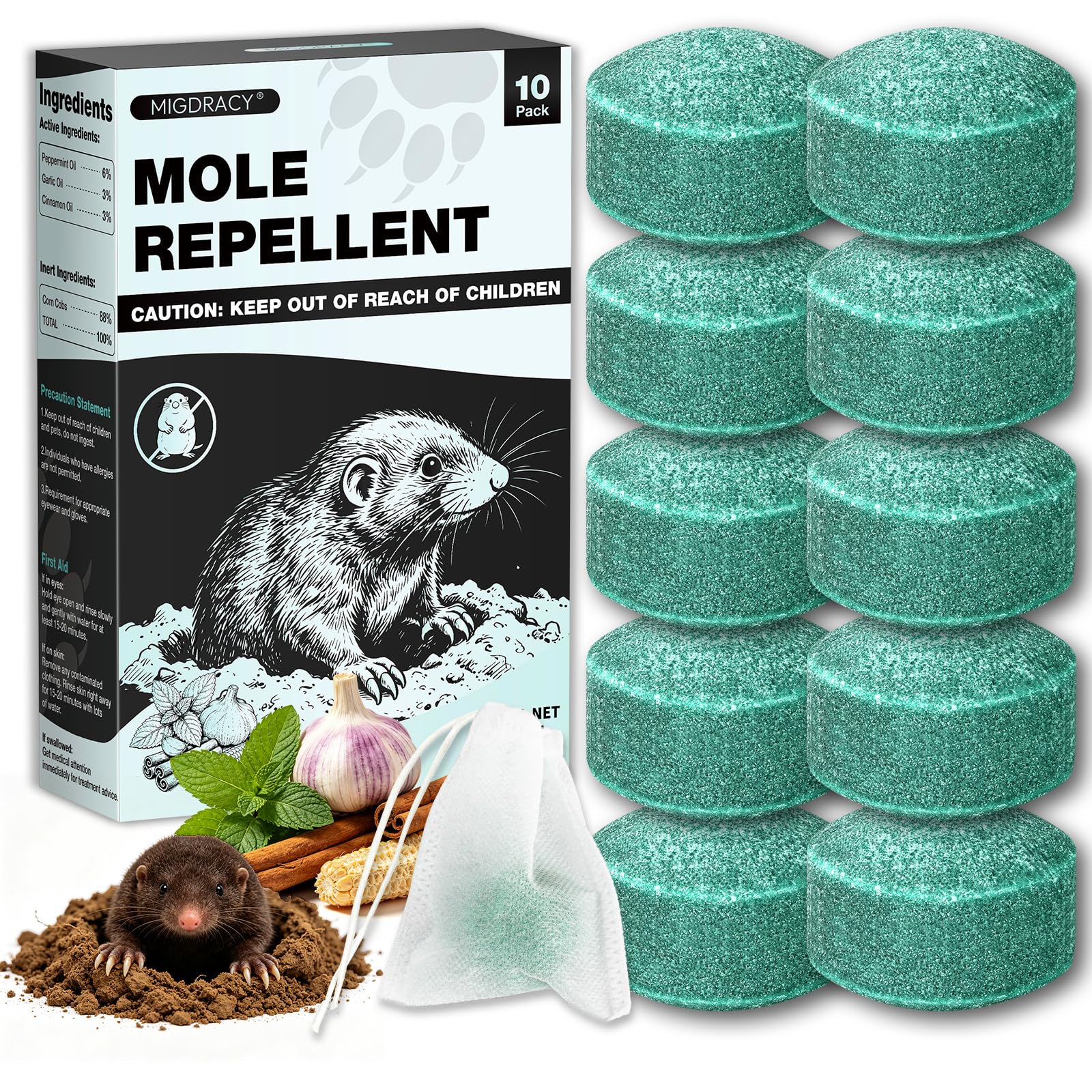 View 1 of 10 Pack Mole Repellent, Outdoor Gopher Repellent for Lawns, Peppermint Oil to Repel Moles, Gophers, Groundhog, Armadillo, Mole Deterrent for Lawns, Gardens, Yards, Farms and Orchards, Outdoor Use