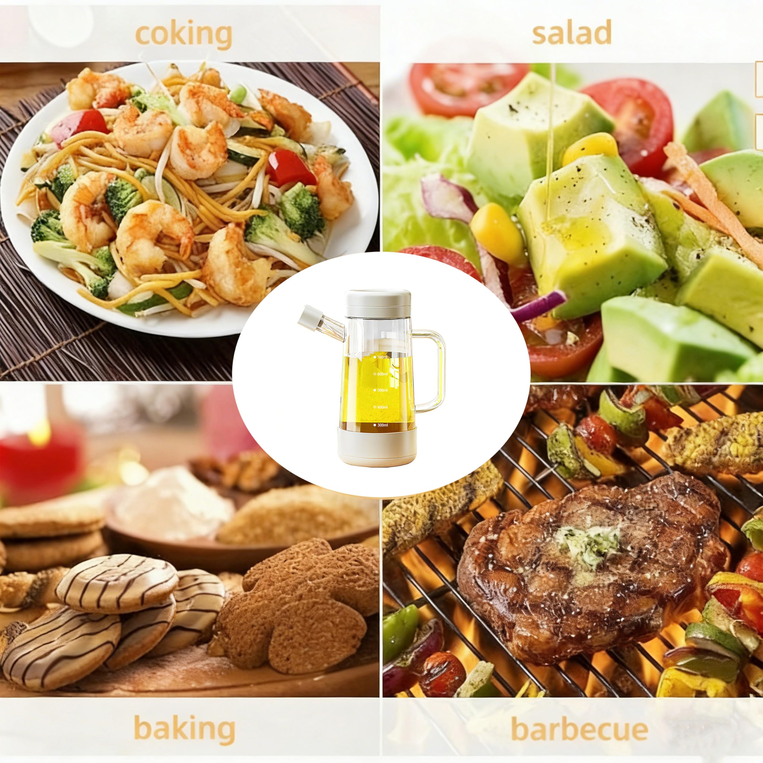 Bottiglia di olio in vetro, 650 ml, erogatore di olio con doppio anello, design a riflusso e bottiglia di olio d'oliva antigoccia, con manico e scala per casa, cucina, versare olio, aceto di