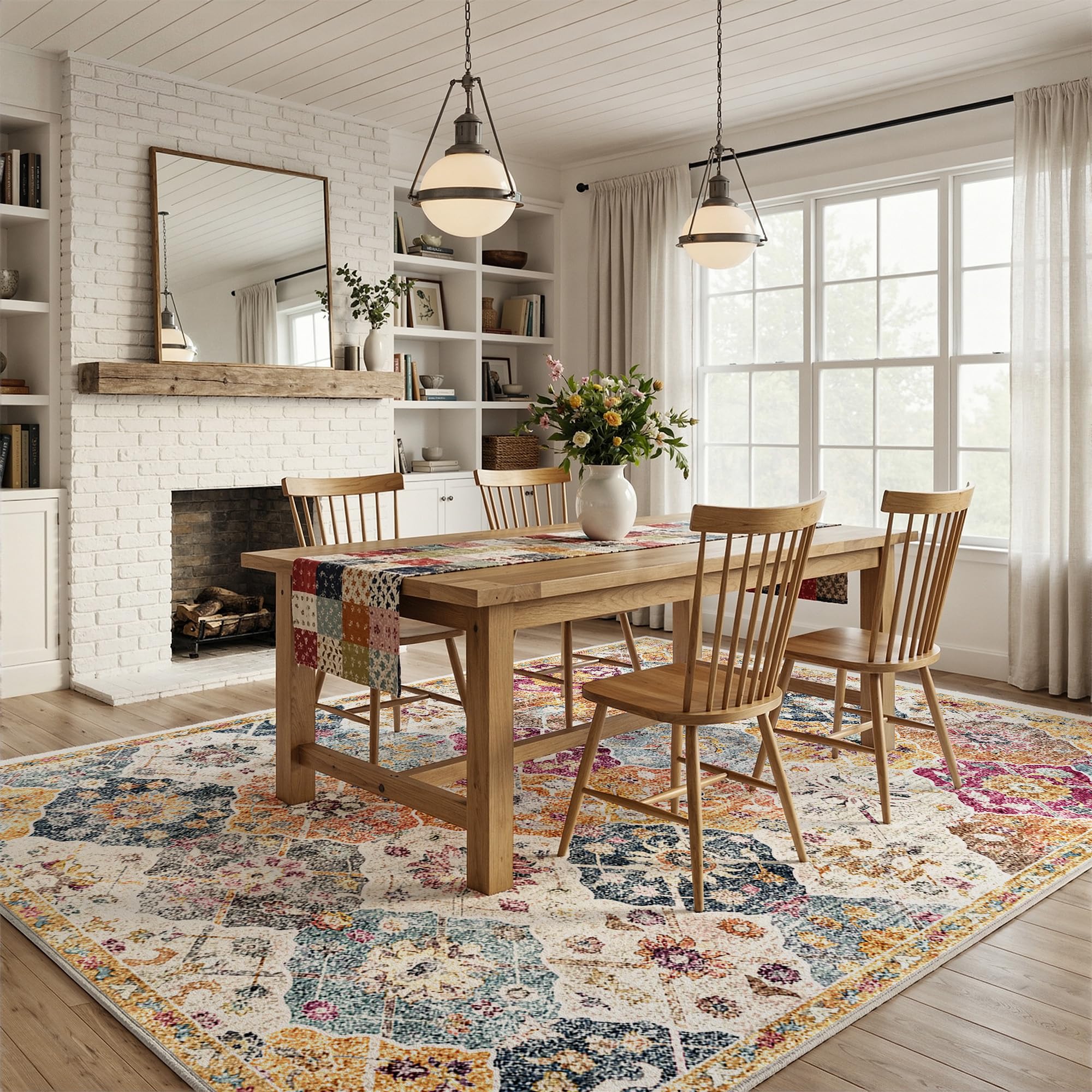 Boho Retro Wohnzimmer Teppich 160x230 cm, Kurzflor Teppich mit Blumenmuster, 1200g/m³ Polyester Maschinwaschbar mit Rutschfester TPE-Unterlage für Schlafzimmer, Esszimmer, Küche, läufer, Bunt