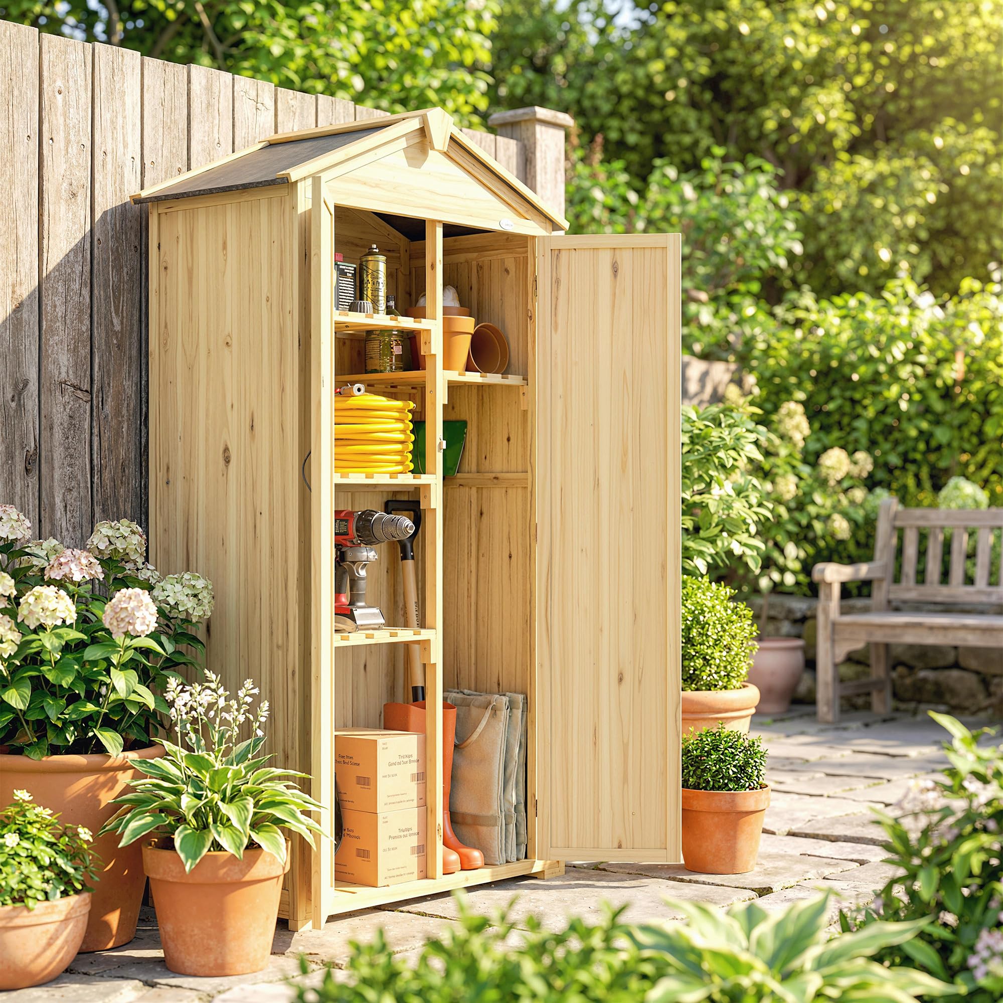 Outsunny Caseta de Jardín de Madera 93x53x168 cm 4 Estantes Madera Natural | Armario Exterior para Herramientas con Puertas Bloqueables, Techo Asfáltico Inclinado y Ganchos