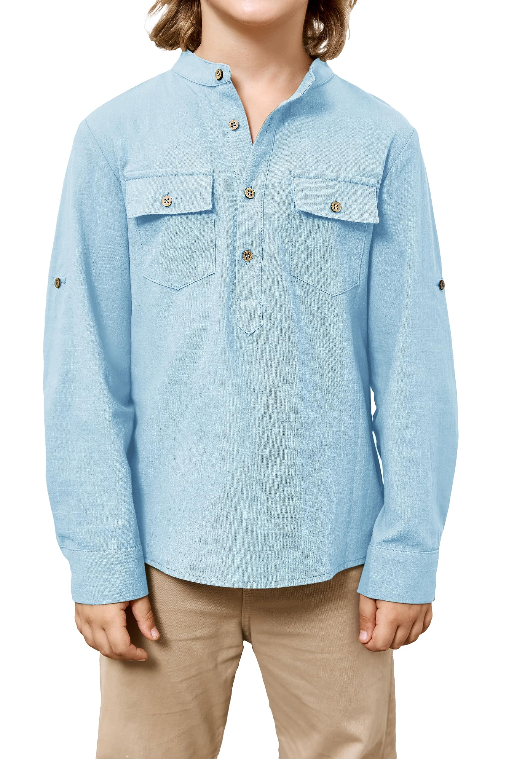 Saodimallsu Camisa informal para niño, corte regular, manga larga, camisa de lino, cuello alto, camiseta Henley, camisa ligera para el tiempo libre