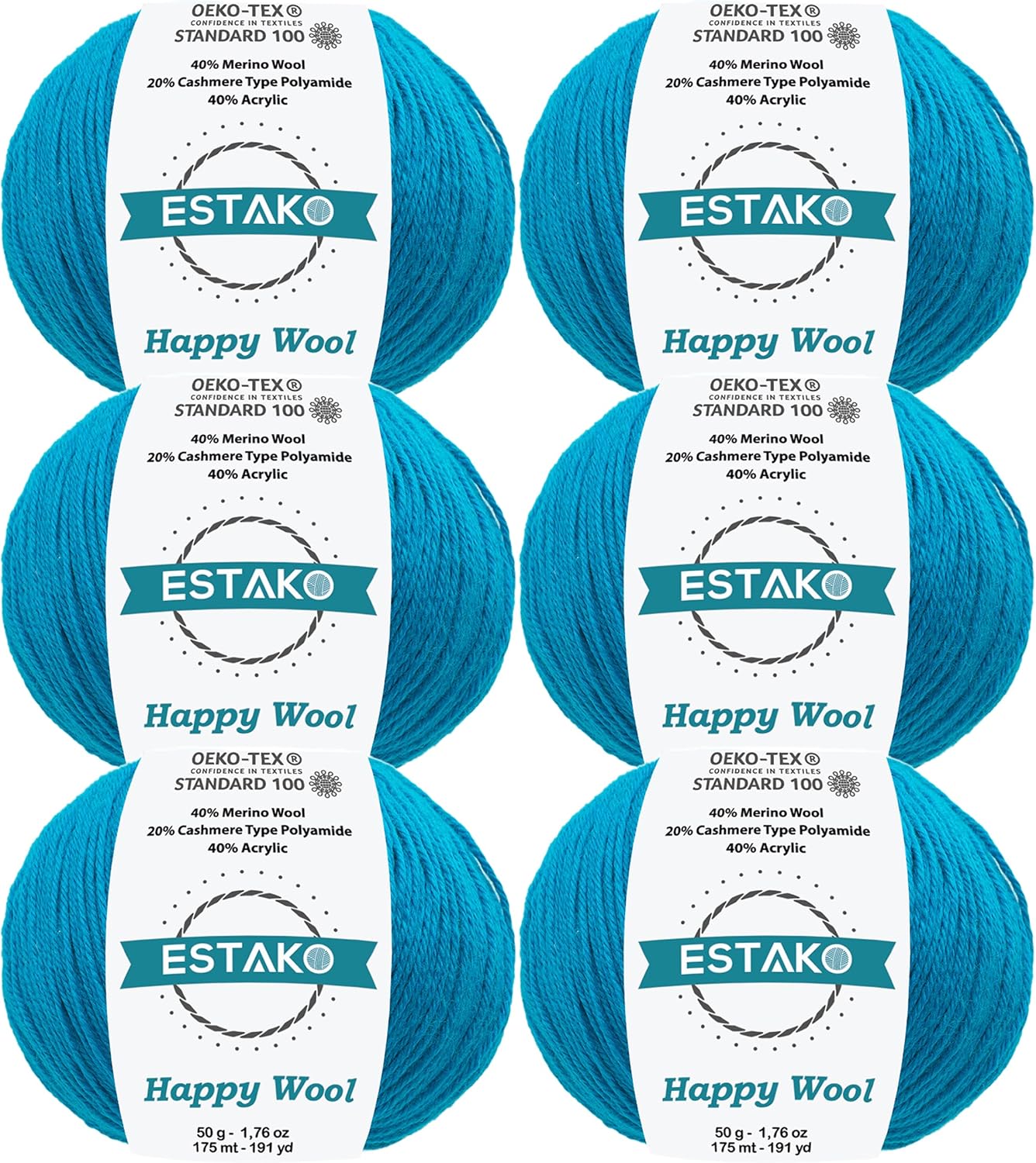 Estako Happy Wool (6 Skeins Pack) 40% Merino Wool 20% Cashmere Type Polyamide 40% Acyrlic Fingering Weight Soft Knitting and Crochet Yarn (6 x 1.76 oz) (6 x 191 yds) (8022 - Dark Turquoise)