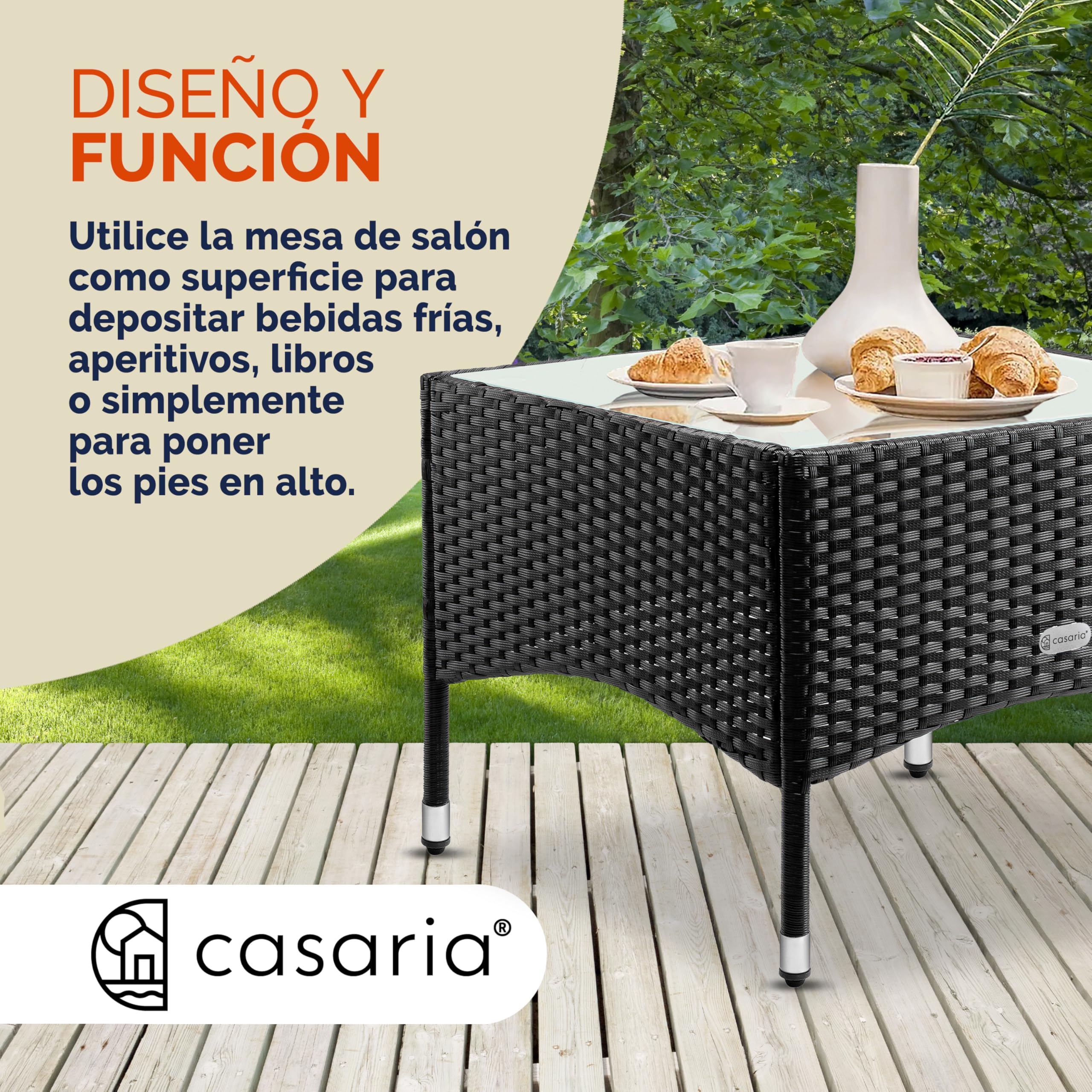 CASARIA® Mesita de Centro Poliratán 58x58x42cm Carga hasta 80Kg Mesa Auxiliar Jardín Ajustable en Altura Tablero Vidrio Resistente Intemperie Negro