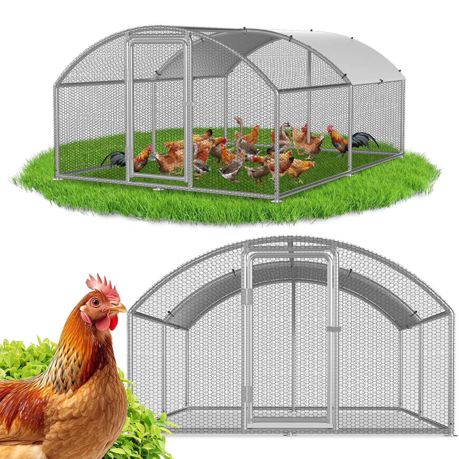 Poulailler 3x4x2m Enclos Freilaufgehege Volière Accessible avec Toit Arqué en PE et Structure en Acier Galvanisé pour Volaille, Lapins, Petits Animaux, Chiens