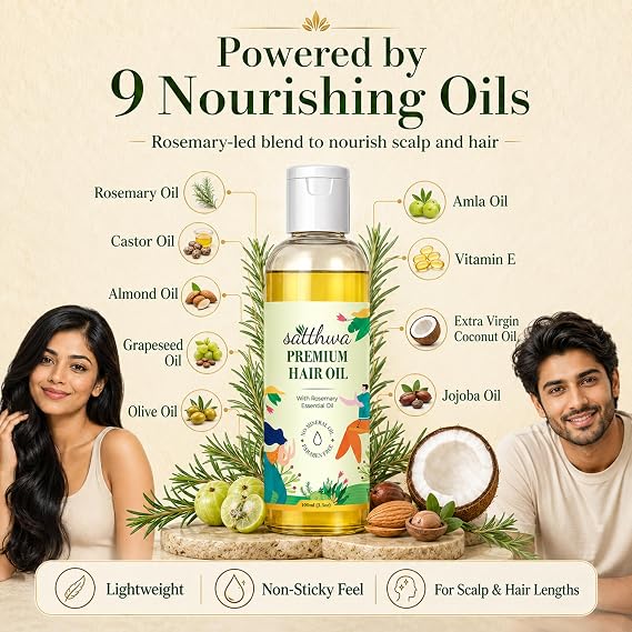 Satthwa Premium Hair Oil with Rosemary | 9-Oil Blend | Minimises Hair Fall | Supports Hair Growth & Boost Density | Fights Dandruff | Paraben Free | 100ml | 3.3oz