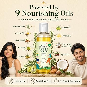 Satthwa Premium Hair Oil with Rosemary | 9-Oil Blend | Minimises Hair Fall | Supports Hair Growth & Boost Density | Fights Dandruff | Paraben Free | 100ml | 3.3oz