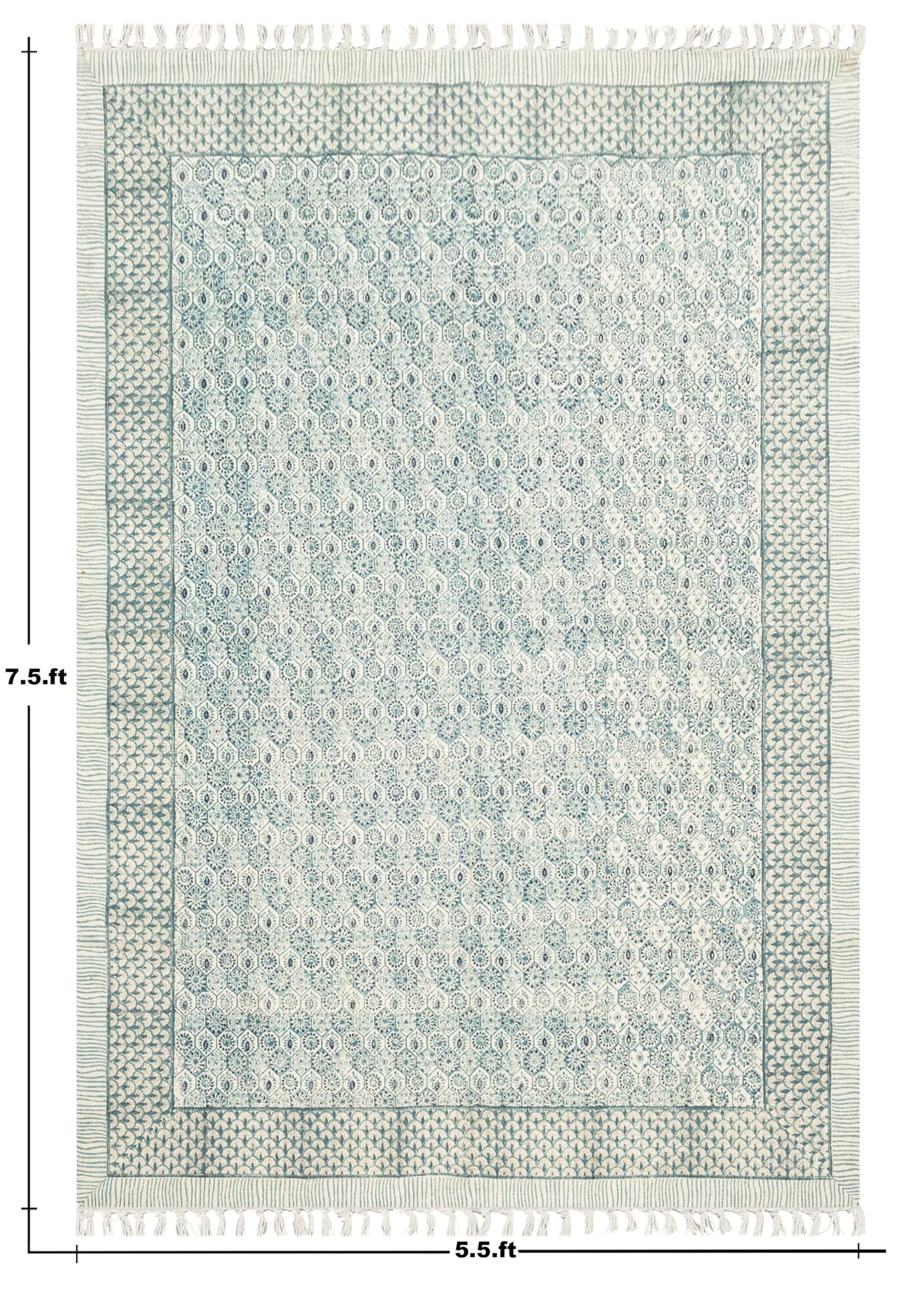 Baumwoll-Läufer, 5 x 35 cm, Kelim-Läufer, florales Design, Handfläche, hellgrau, beige, handbedruckt, Baumwolle, Dhurrie-Boho-Teppich, 0,5 cm dick, für drinnen und draußen, Flachgewebe, für Flur