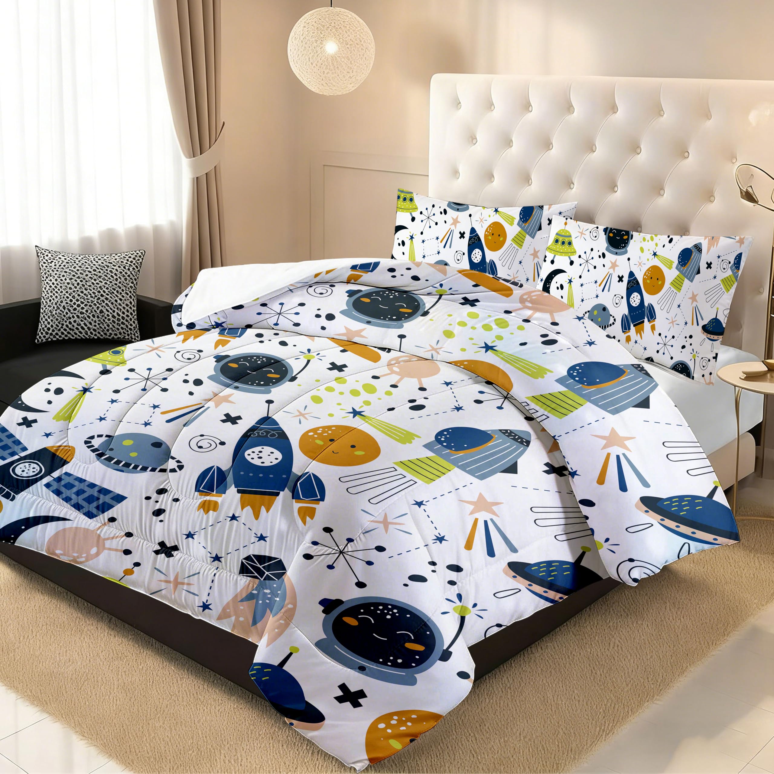 Weltraum Vierjahreszeiten Steppdecke 140x200,Bettdecke 4 Warme Jahreszeiten, Universum Planet Rakete Bettdecke ohne Bezug Waschbar Schlafdecke mit 2 Kissenbezug 80x80cm (HJ-A, 140x200cm+80 * 80 * 2)