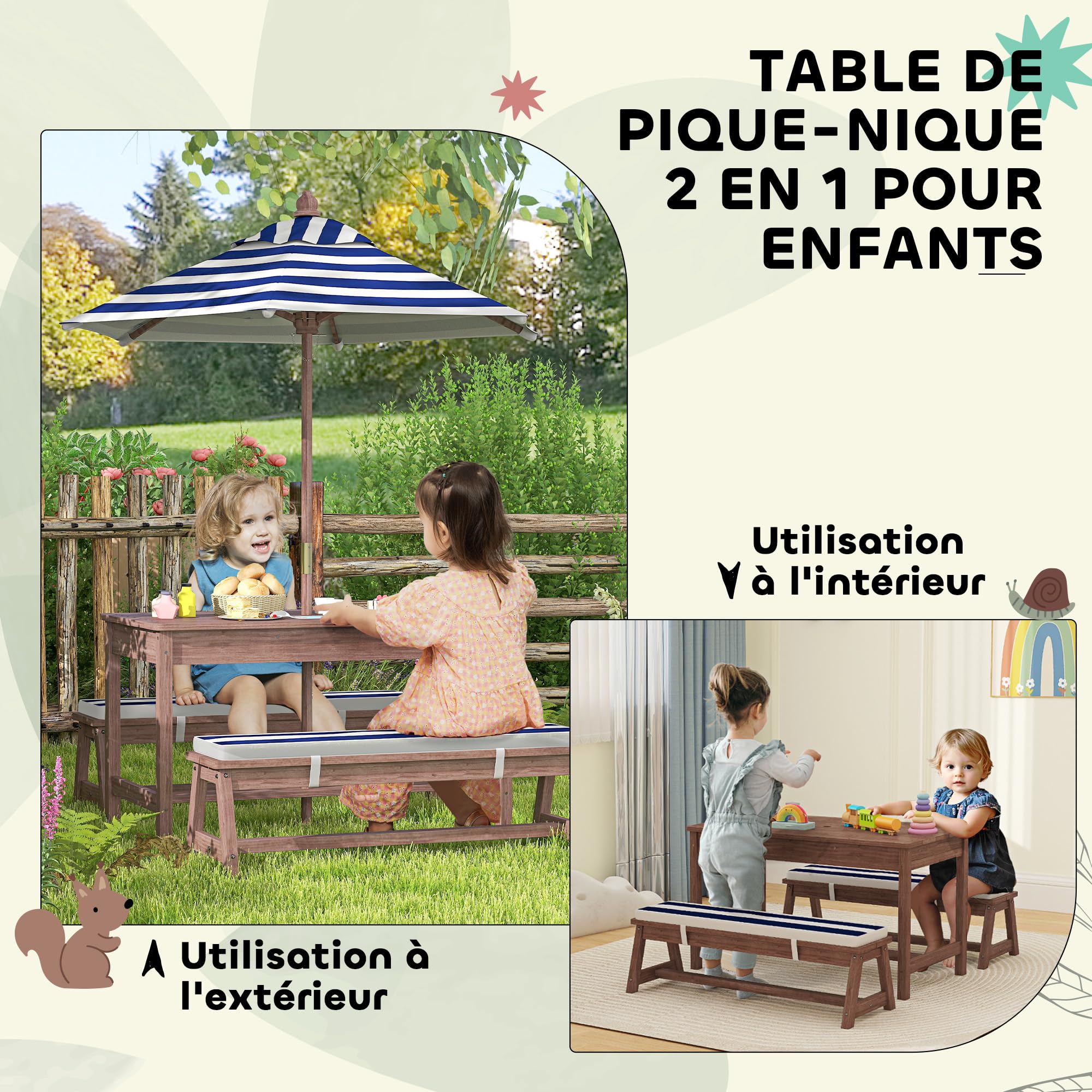 AIYAPLAY Ensemble Salon de Jardin extérieur Enfant bancs Parasol Amovible