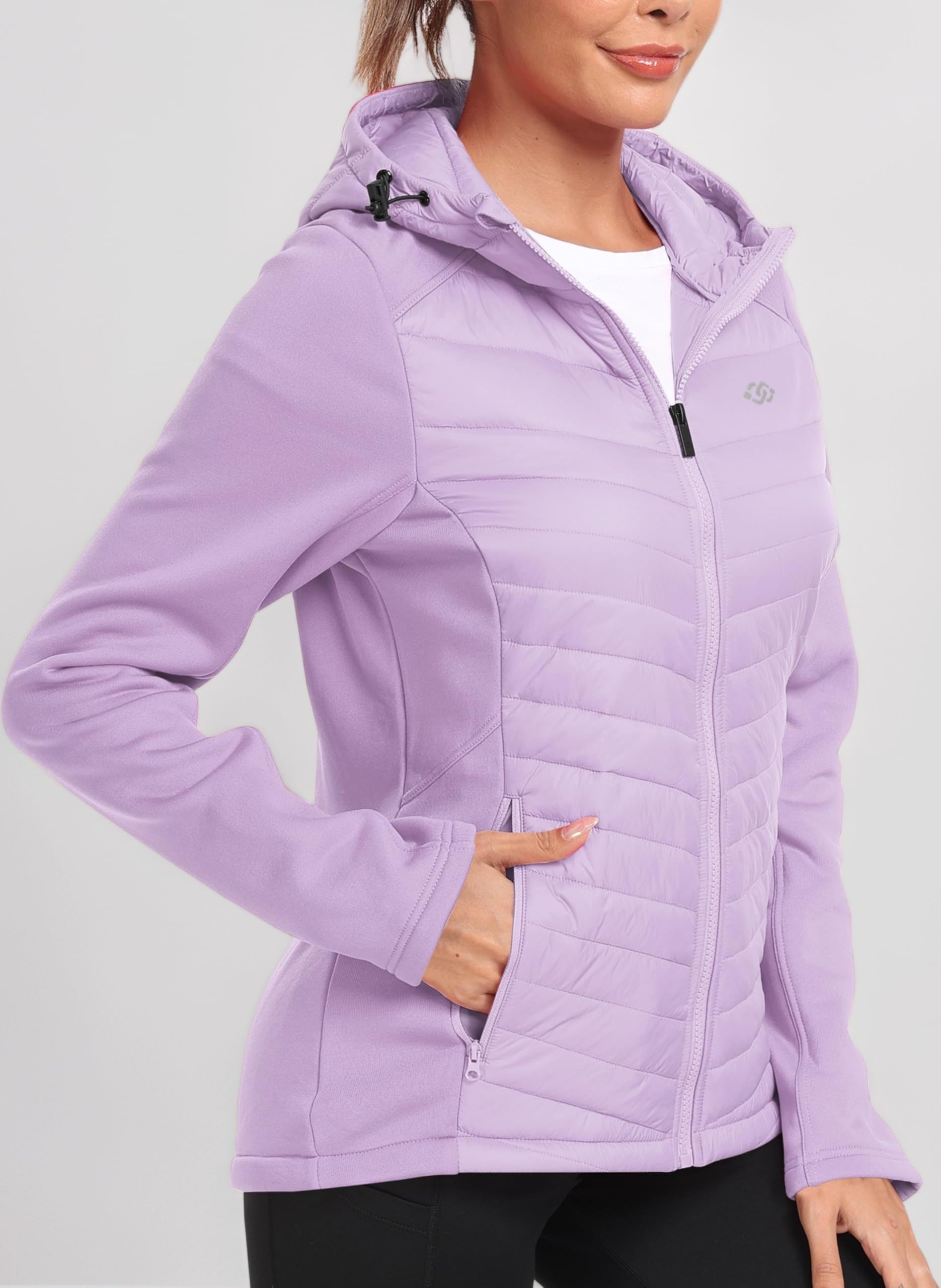 Women's Hooded Jackets Lightweight Packable Quilted Padded Jacket Transitional Hybrid Puffer Jacket Zip Pockets