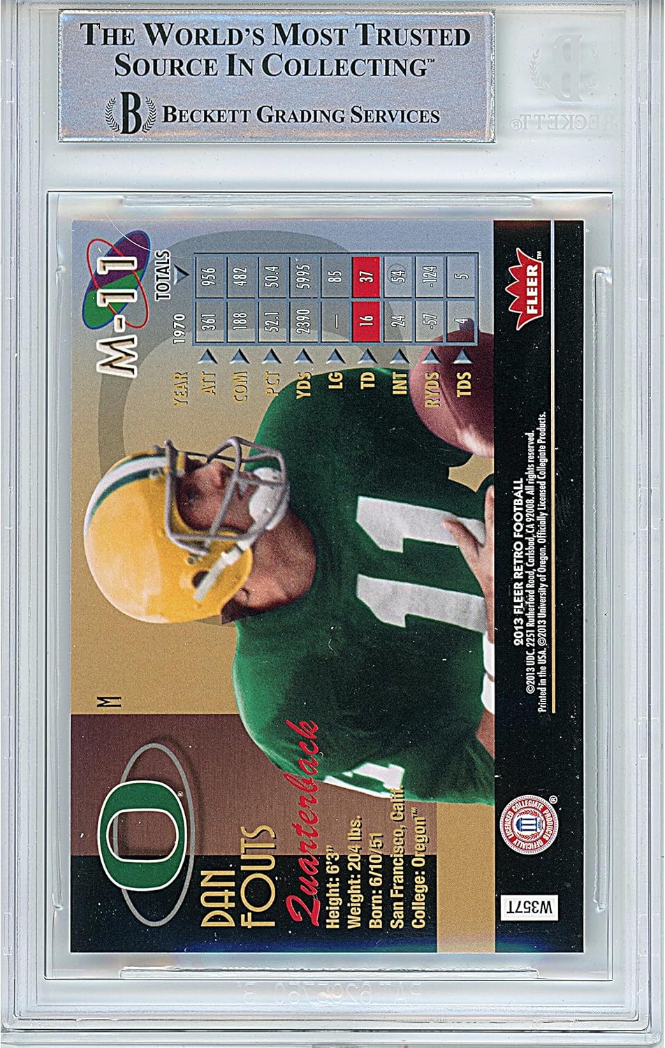 Dan Fouts Autographed 2013 Fleer 98 Metal Universe #M11 Football Trading Card Slab Beckett BAS Authentic Slabbed COA Played For University of Oregon Ducks NCAA