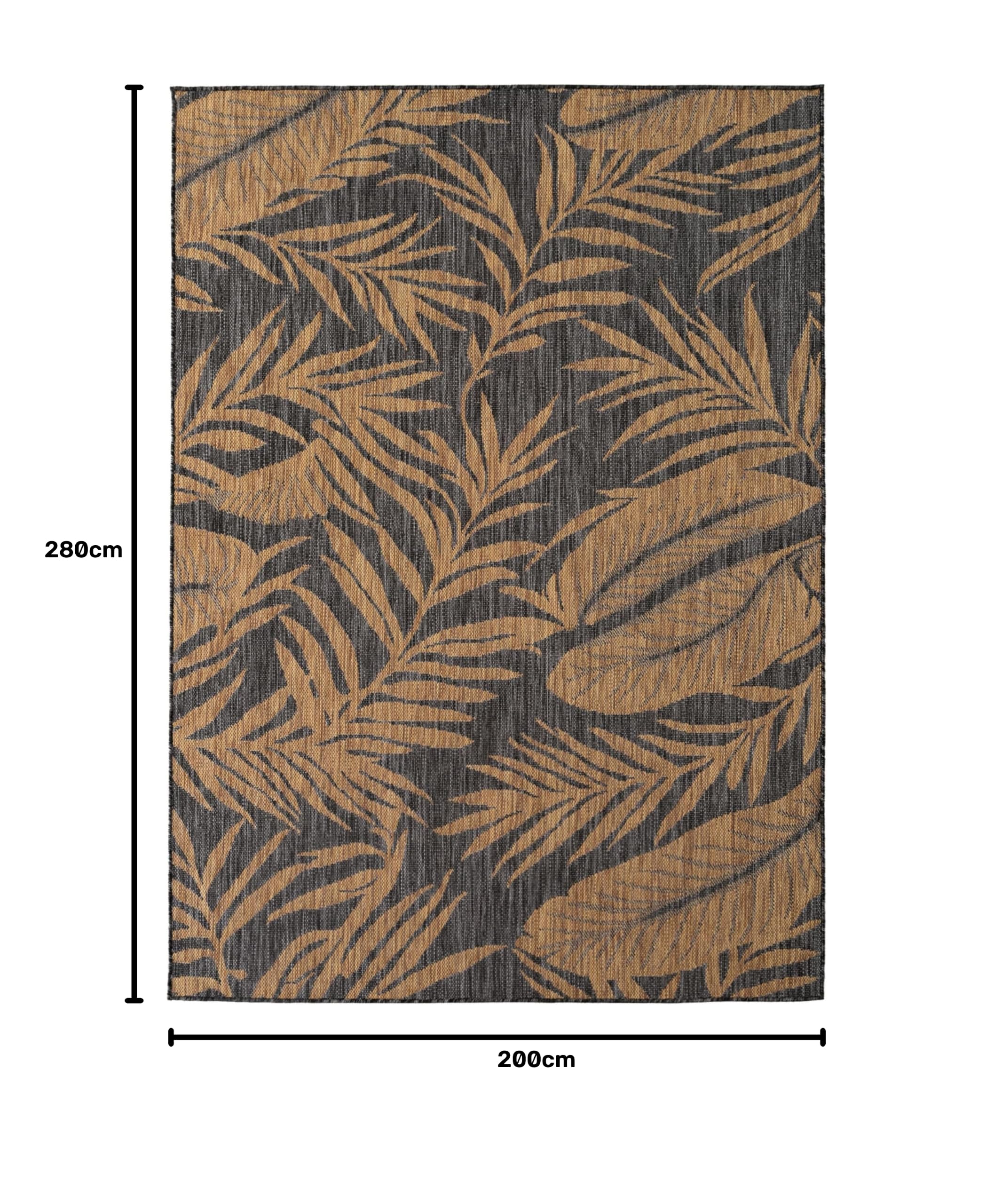 HomebyHome Tapis Extérieur Noir Effet Jute 200x280 cm Balcon Terrasse Jardin Résistant UV Grand XL Motif Palmier Tissage Plat