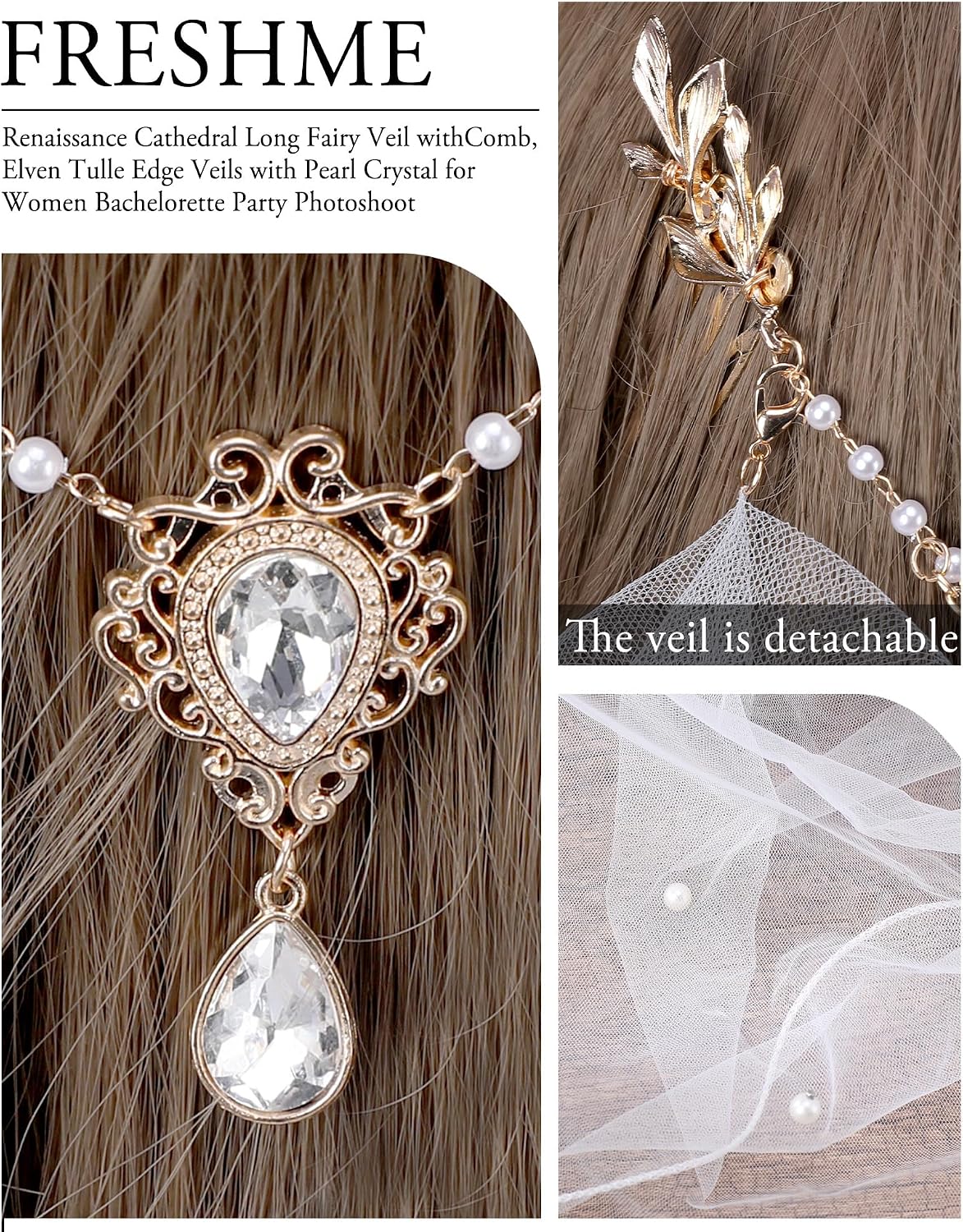 FRESHME Medieval Wedding Veil for Brides - Renaissance Cathedral Long Fairy Veil with Comb, Elven Tulle Edge Veils with Pearl Crystal for Women Bachelorette Party Photoshoot