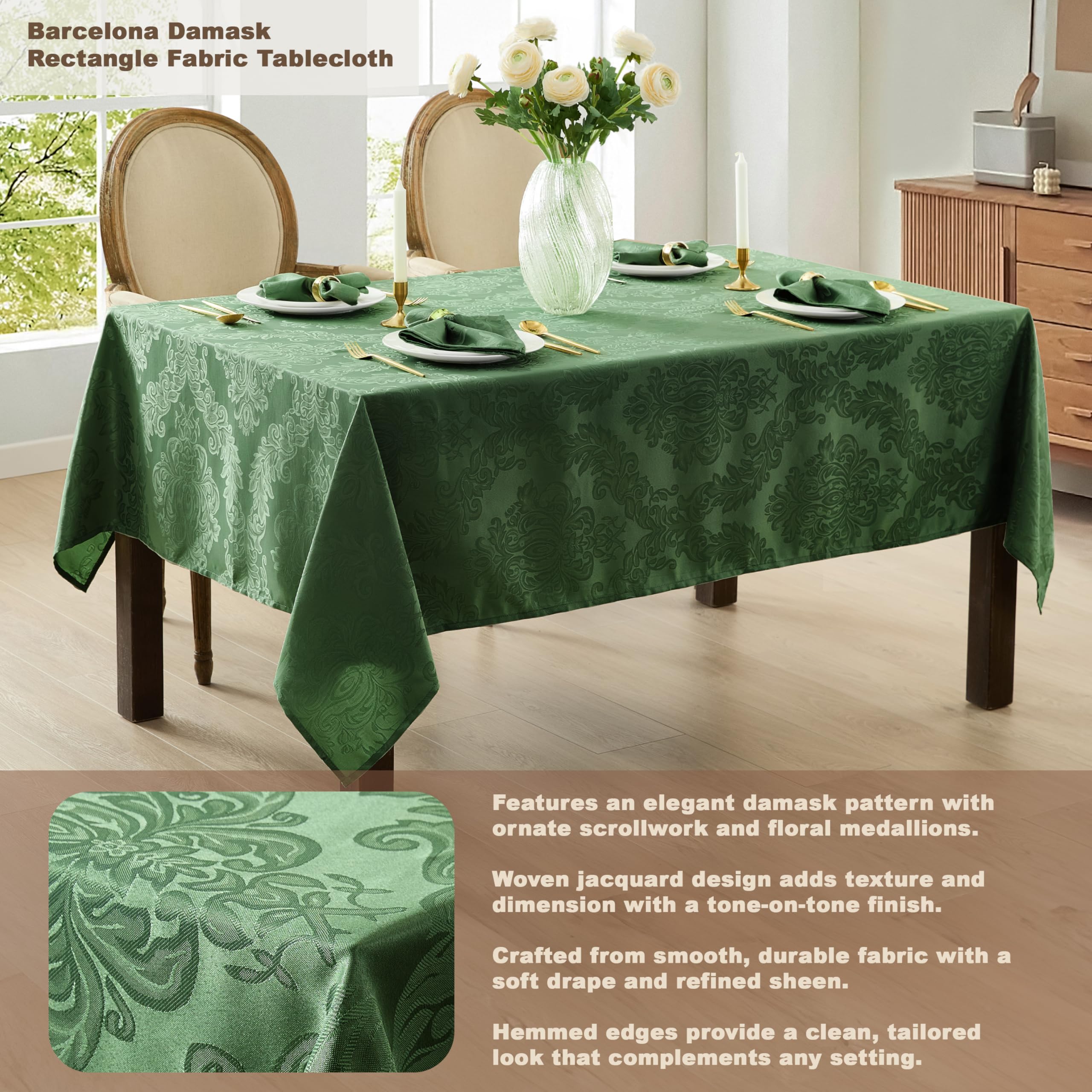Newbridge Barcelona Damask Fabric Tablecloth, 60 x 102 Inch Rectangle, Hunter Green – No Iron, Soil Resistant Table Cover for Dining, Parties and Holidays