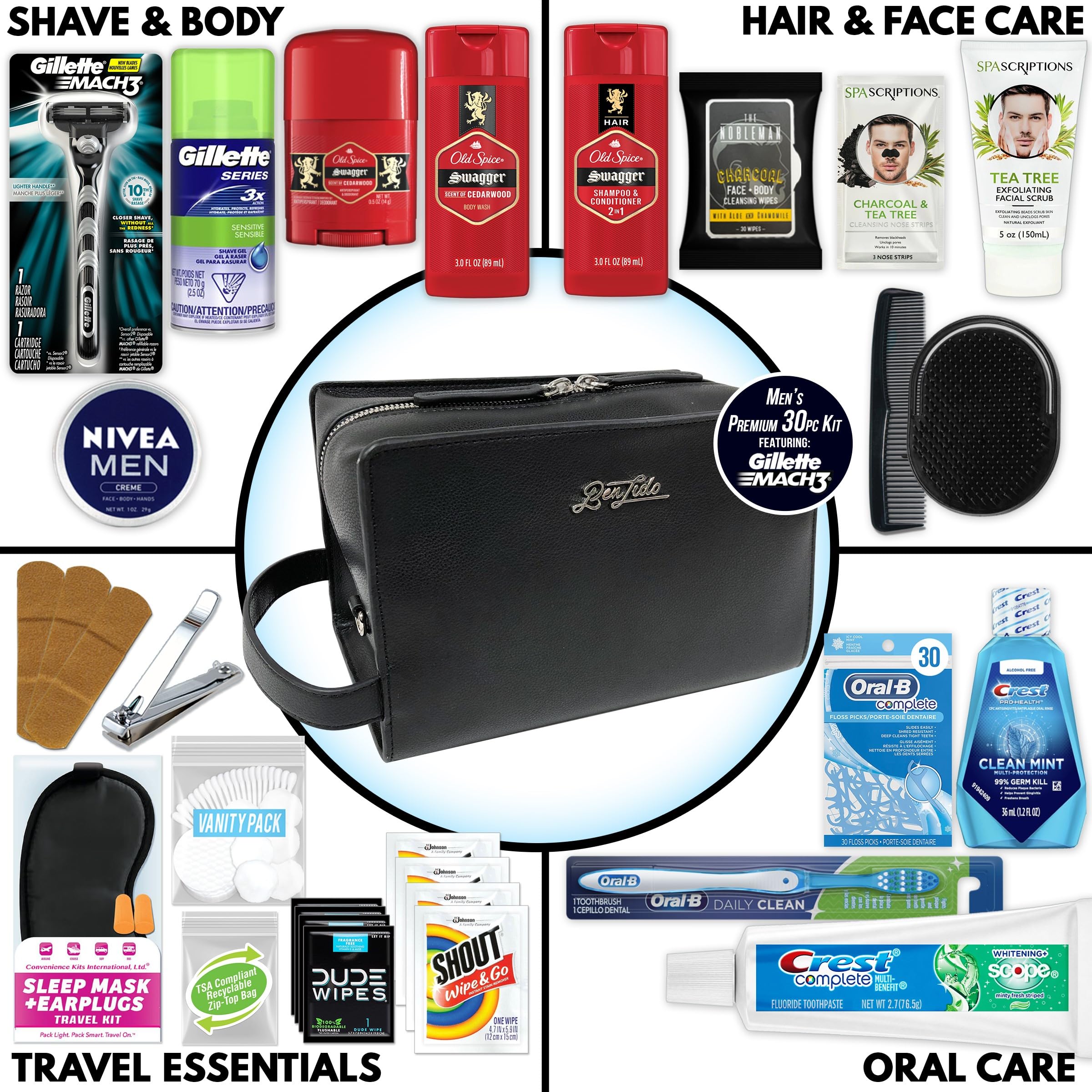 Convenience Kits International Men’s Super Premium 30 PC Travel Kit Featuring: Travel-Size Hair Care Products Plus Face, Body, Oral Care, Travel Essentials in Large Leather Toiletry Bag