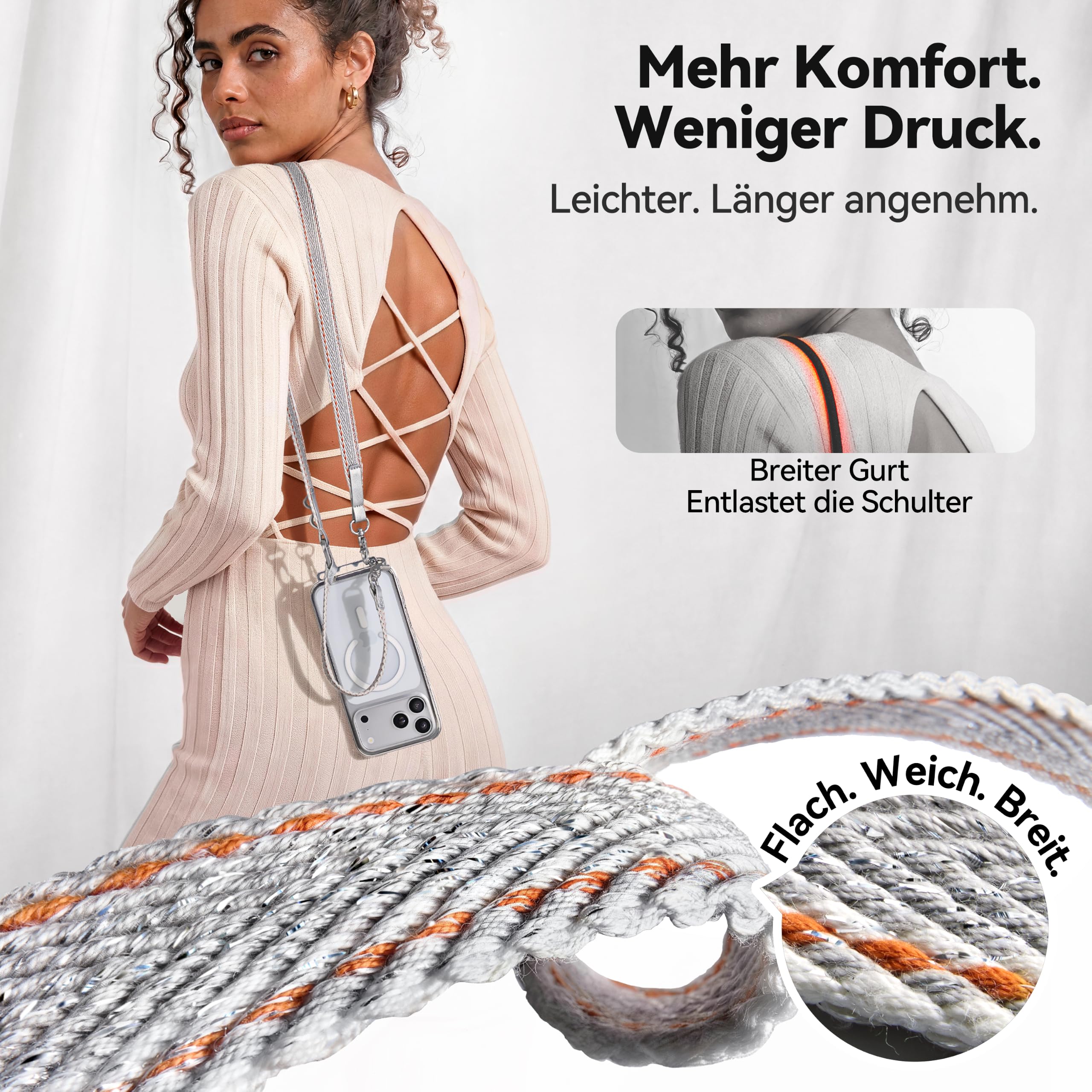 CASEKOO Linkoo iPhone 17 Pro Hülle mit Handykette Bundle, MagSafe Handyhülle mit ClipSafe Klapp-Clip + Luxury Handyband zum Umhängen, 3-in-1 Anti-Verlust Lanyard, Silber