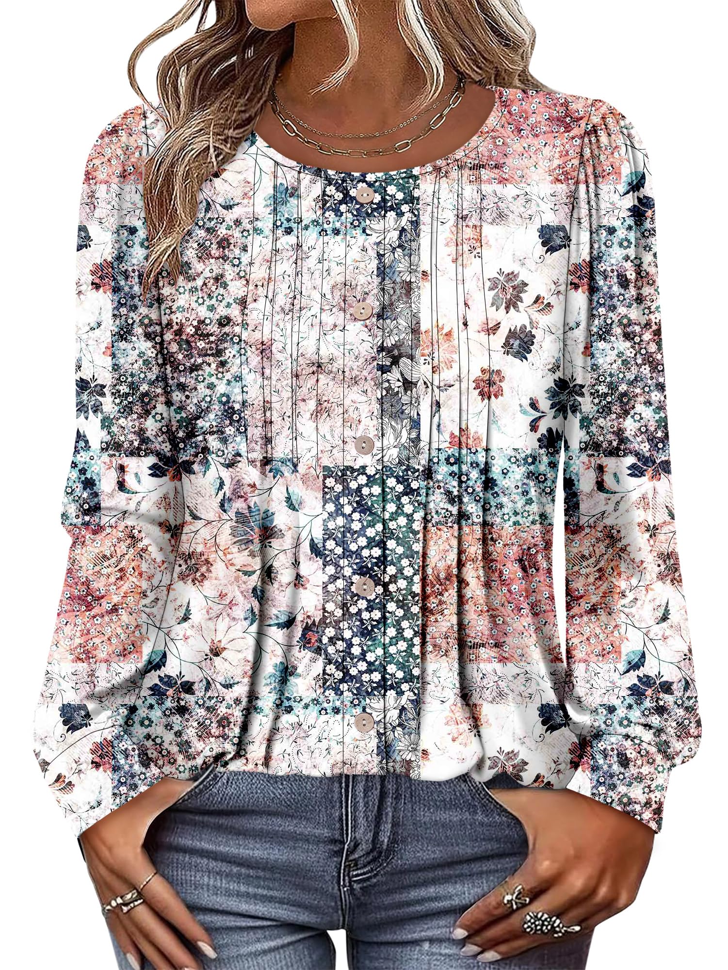 onlypuff Women's Tunic Tops Long Sleeve Crew Neck Pleated Blouses Decoration Button Casual Loose T-Shirts