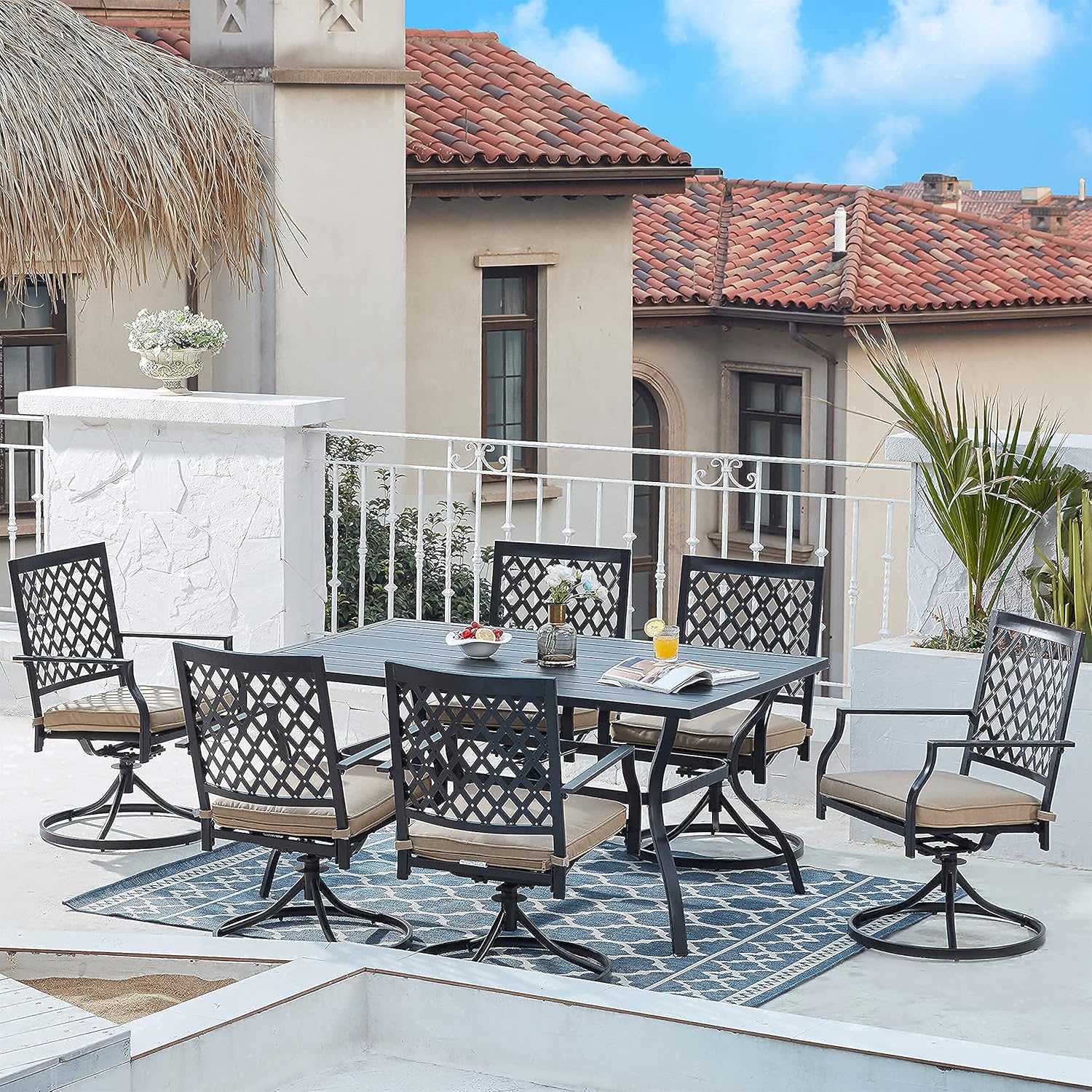 VICLLAX 7 Piece Outdoor Patio Dining Furniture Set- 6 Outdoor Swivel Dining Chairs and 1 Rectangular Outdoor Table Set for Lawn Garden : Patio, Lawn & Garden