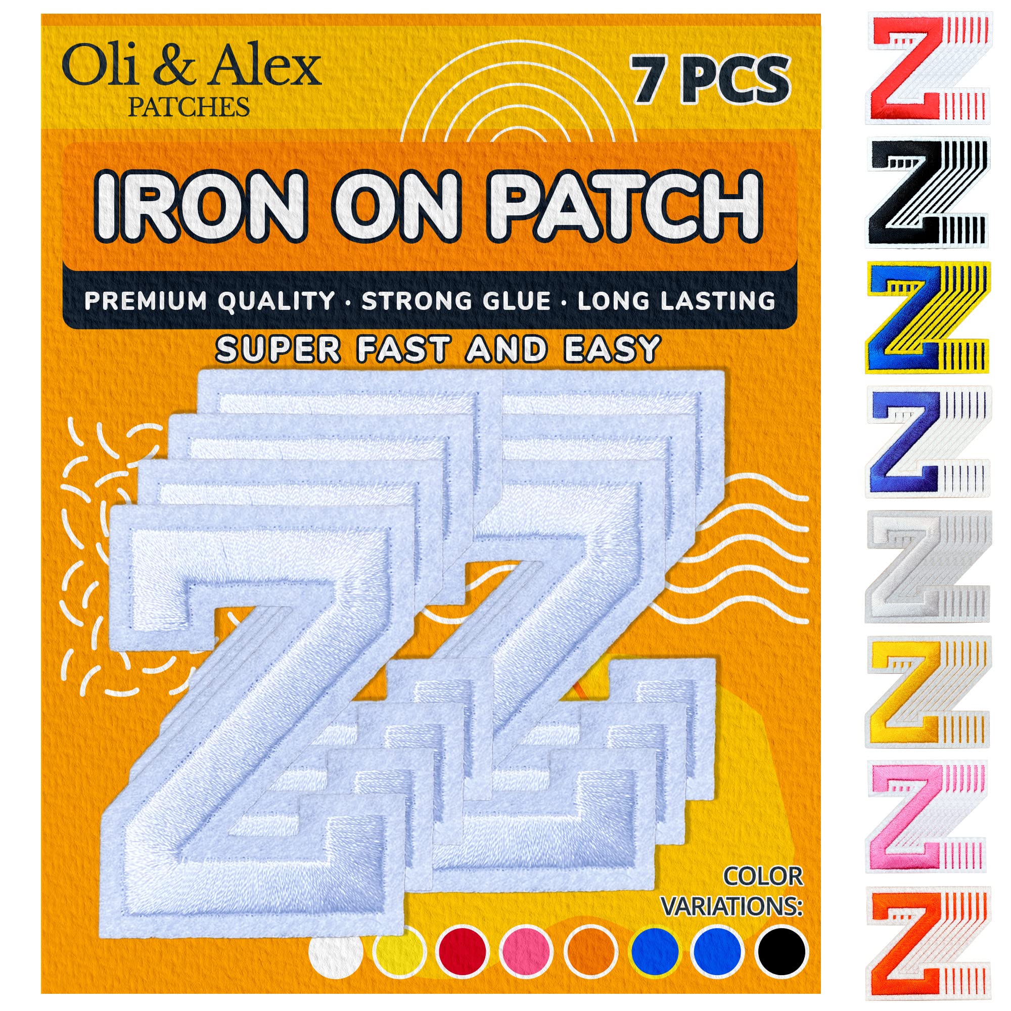 Oli and Alex Iron On Letters 2.4 inch - 7 pcs of Z White Patches Letters for Clothing - Super Glue - No sew Needed - Embroidery Alphabet Football Team School University - White, Z