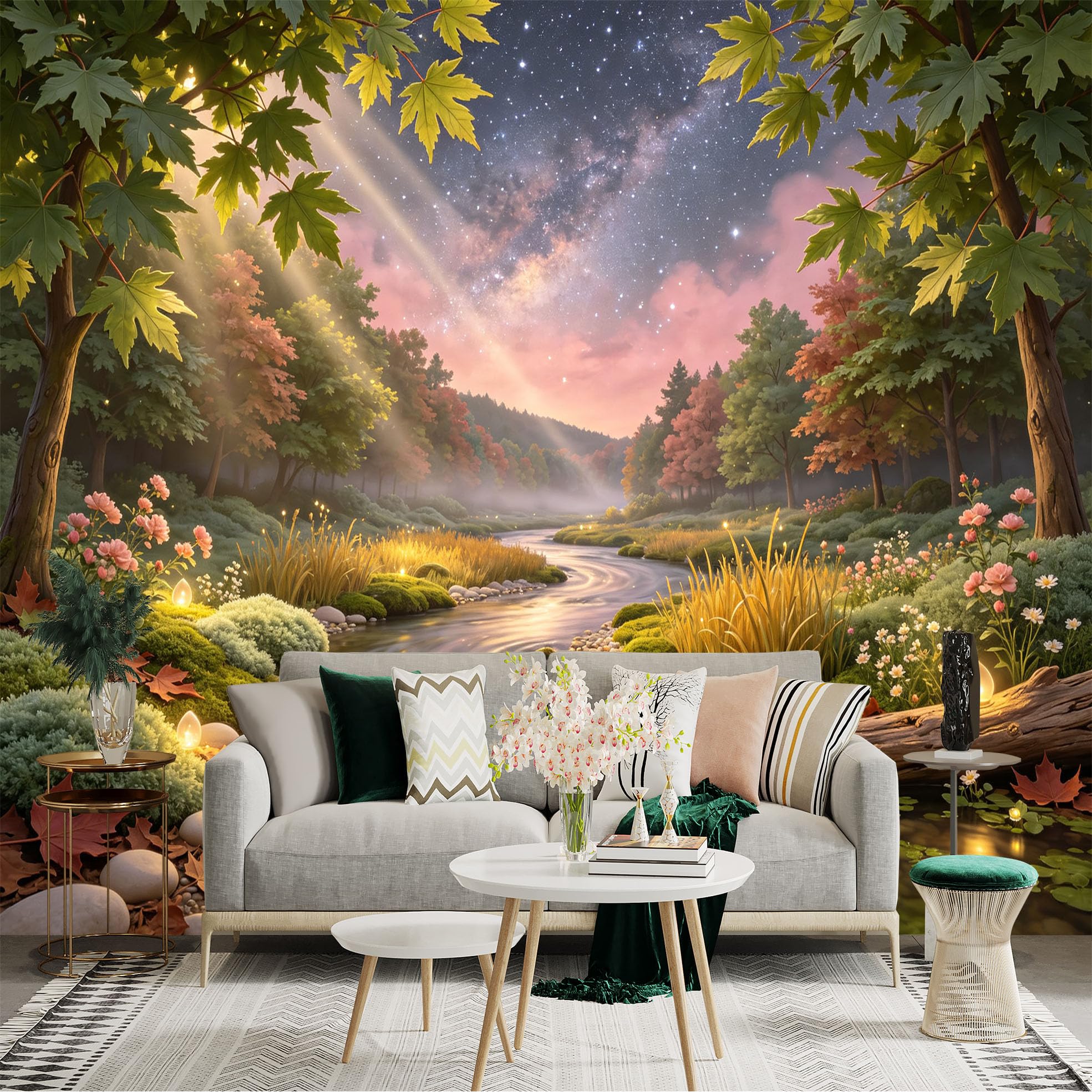 Lnzczhyre Bh260719010 Custom Size Wall Sticker Mural， Enchanted Forest Stream With Starry Galaxy Sky， Magical Landscape Scenery， For Wall Decoration， Peelandstick Wall Decals.