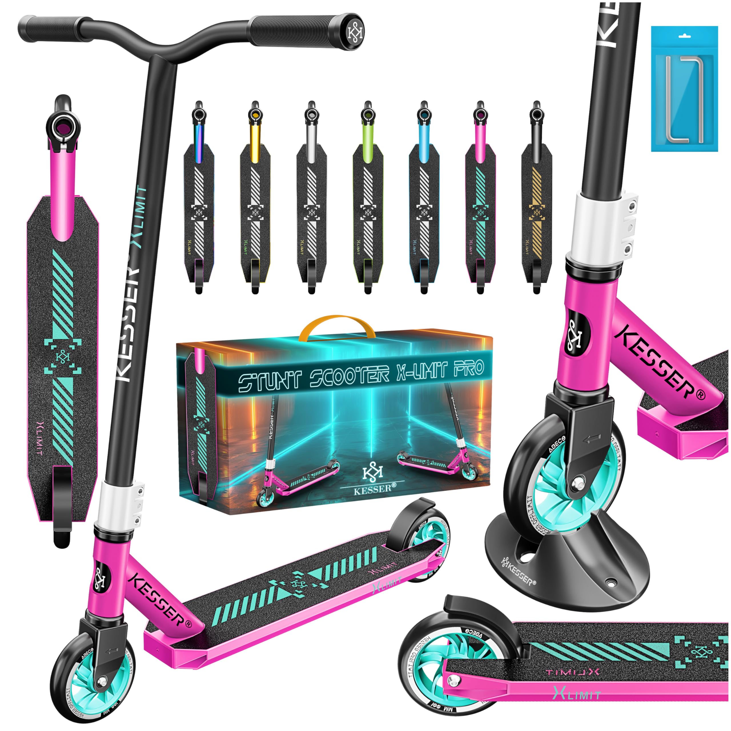 KESSER® Patinete acrobático X-Limit-Pro, Funscooter con dirección de 360Ḟ, Patinete acrobático con Soporte, rodamientos de Bolas ABEC 9, Ruedas de PU de 110 mm, Patinete Scooter,