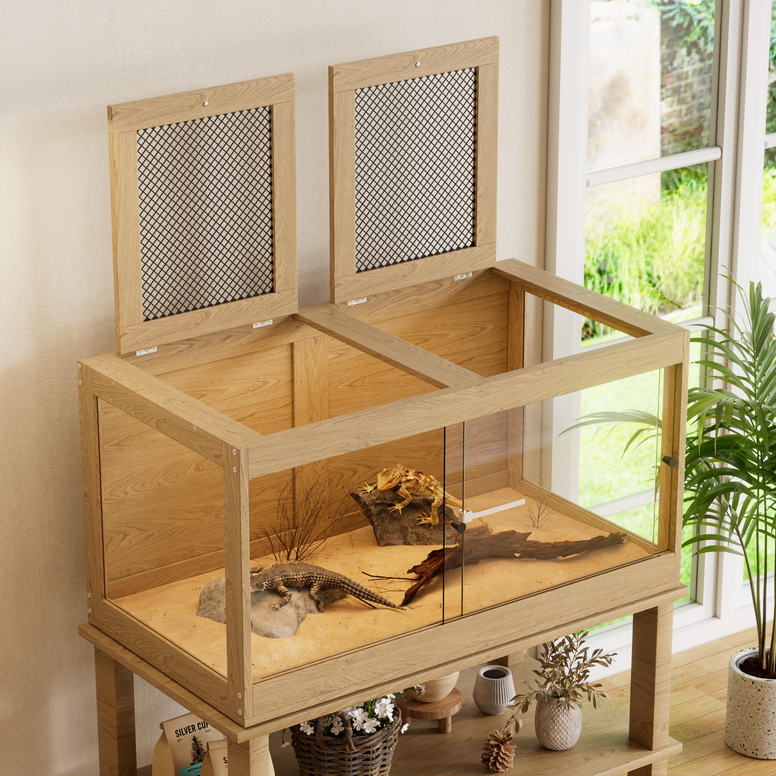 Terrarium 266 L para Reptiles y Anfibios – Terrario con Vista Panorámica 360° de Vidrio Templado, Ventilación y Cierre de Seguridad – Gran Vivarium para Dragón Barbudo, Serpientes, Crías de Reptil