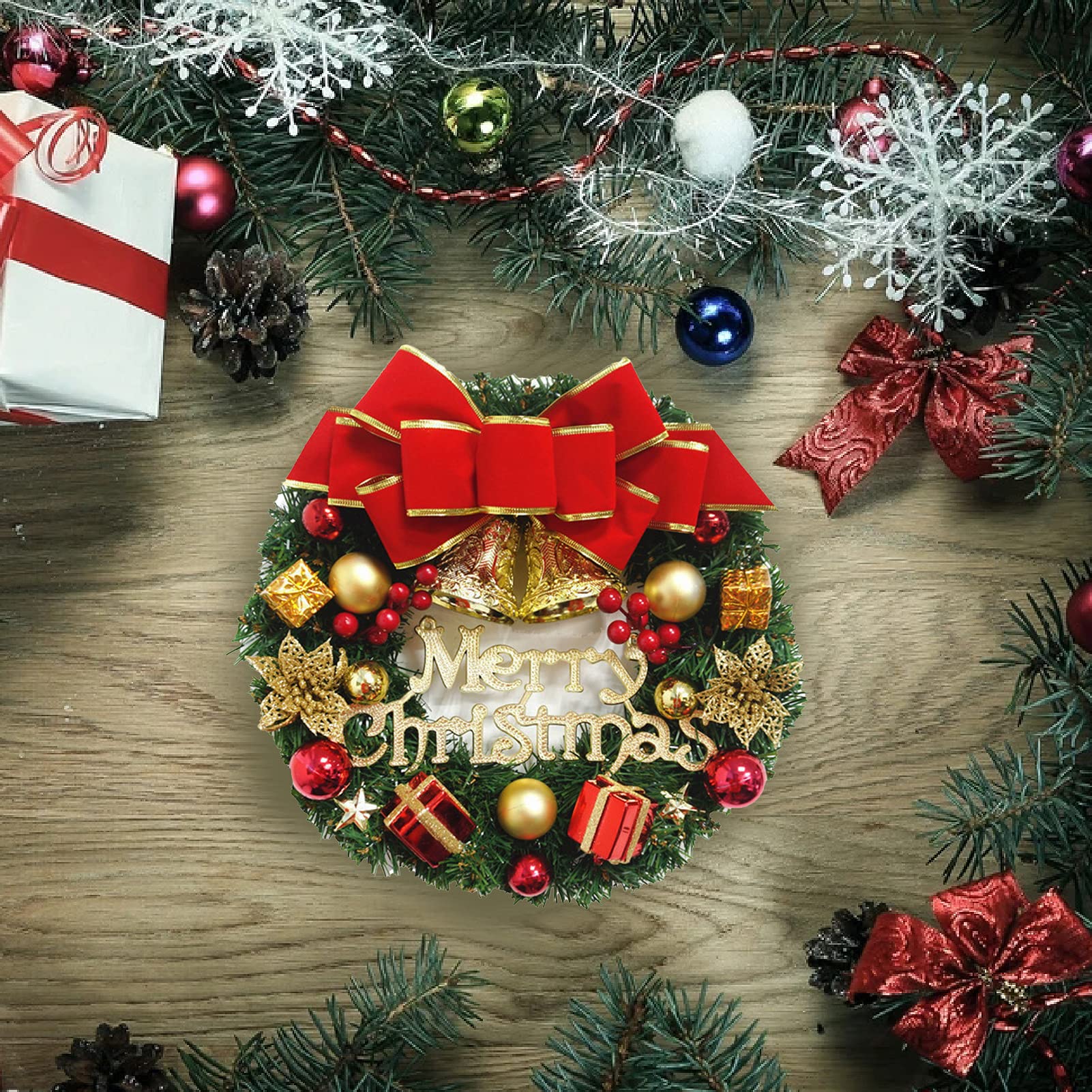 Couronne De Noël Pour Porte 30 Cm – Décorations Sapin, Nœud Rouge Et Clochettes, Ambiance Festive - 10