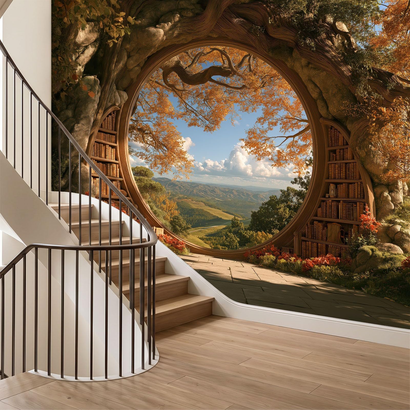 Générique Panoramiczna tapeta 250 x 175 cm fantasy fenster Pflanzen Uralte Bäume włóknina XXL fototapeta dekoracja ścienna gobelin obraz salon sypialnia - tapeta Trompe l'eil efekt 3D, żółta