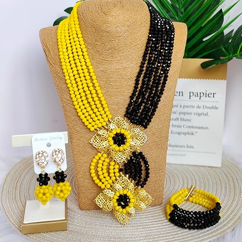 Miniatura 3 de Collar de cuentas africanas de moda, cuentas nigerianas, conjuntos de joyas de boda para mujer (amarillo opaco negro), vidrio, cristal de vidrio