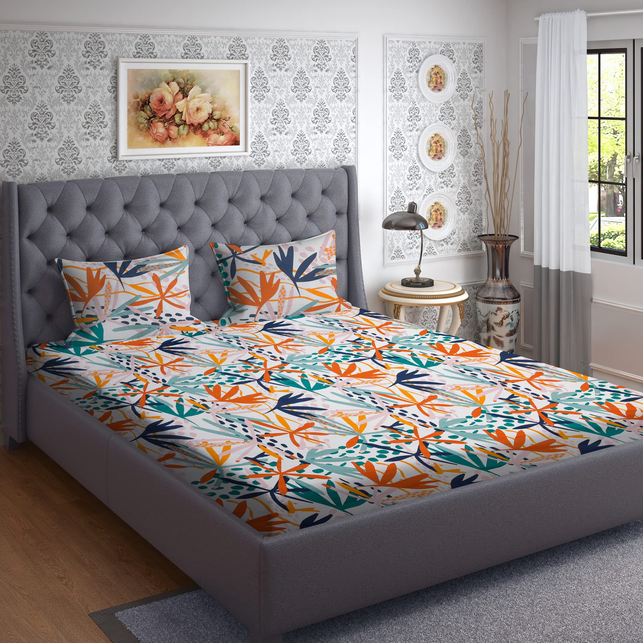 Amazon Brand - Umi Super Soft Cotton King Floral Bedsheet with Pillow Covers,108X108(Inches) King bedsheet,160TC Cotton Bedsheet with Pillow Covers