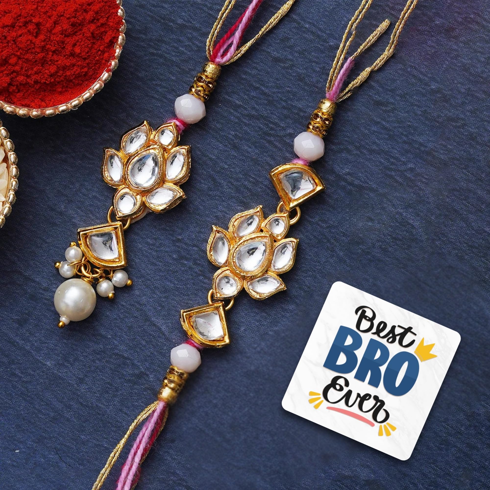 eCraftIndia Set of 2 Lotus Floral Kundan Designer Rakhis, Best Bro Ever Fridge Magnet with Roli Chawal Pack - Rakhis for Brother, Bhabhi, Kids-image-34