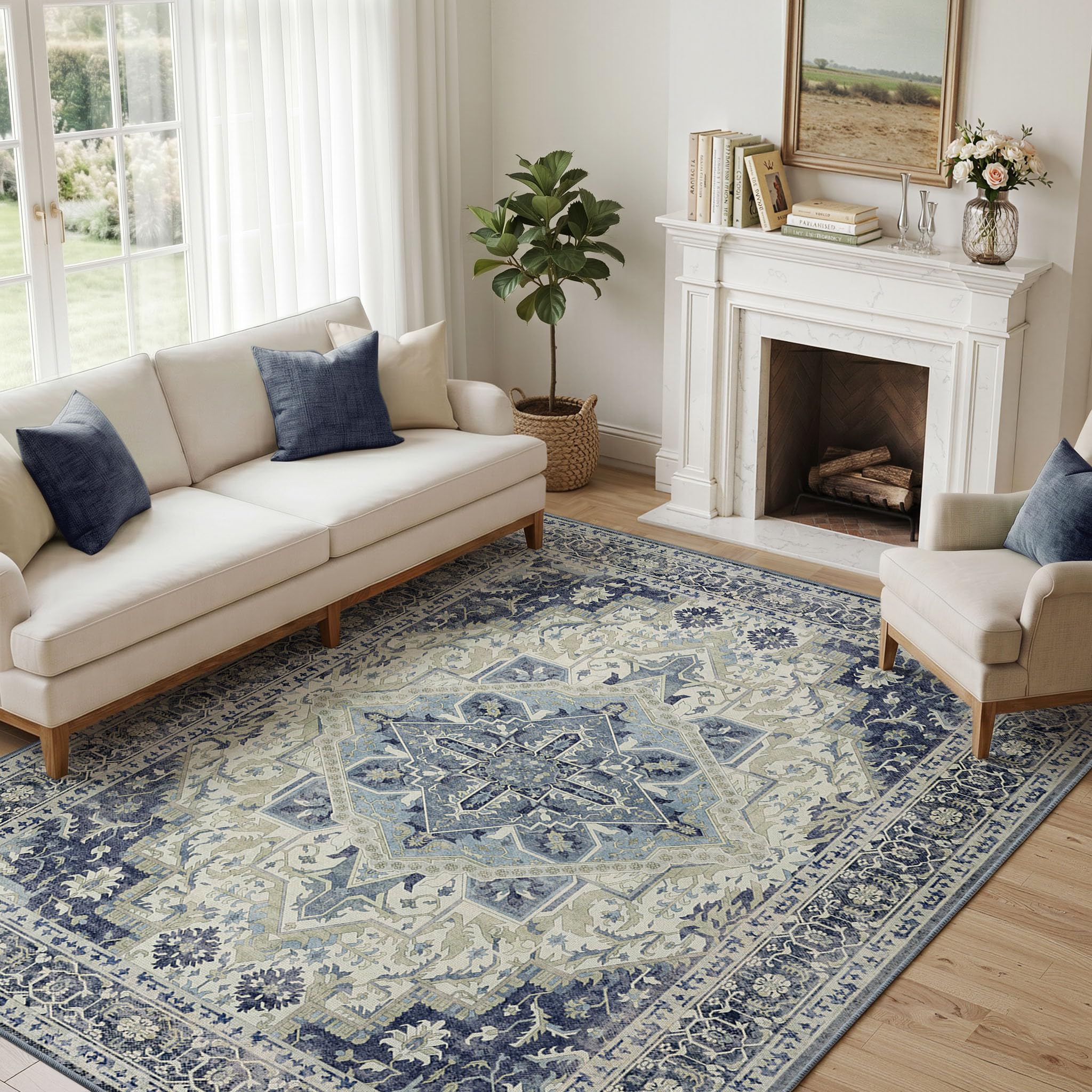 INOVADAY Vintage Washable Rugs Living Room 140x200 cm Non Slip Navy Blue