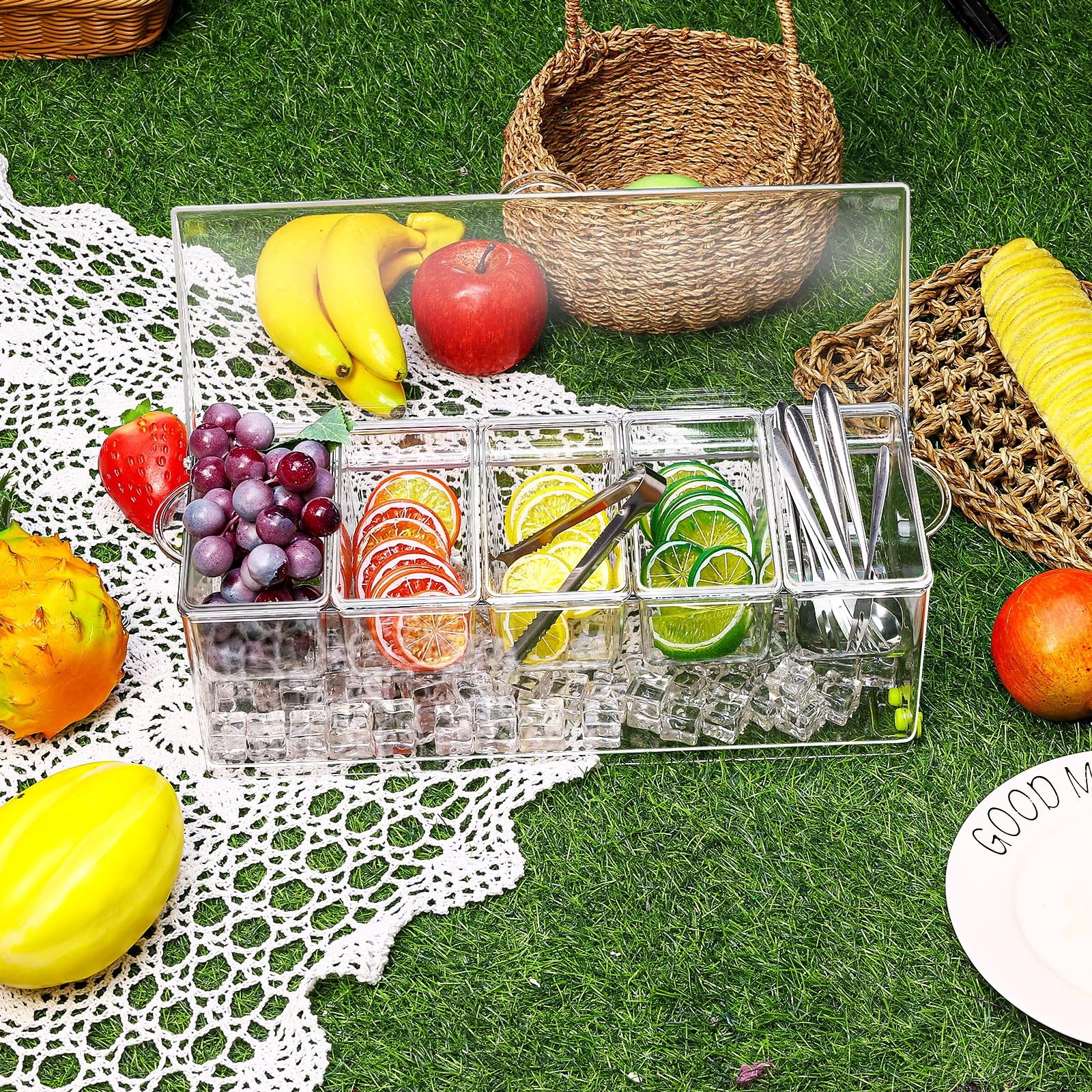 Servidor de condimentos de 5 compartimentos, recipientes de condimentos refrigerados con hielo con tapa con bisagras, organizador refrigerado con 5 platos extraíbles y 15 pinzas de servir de
