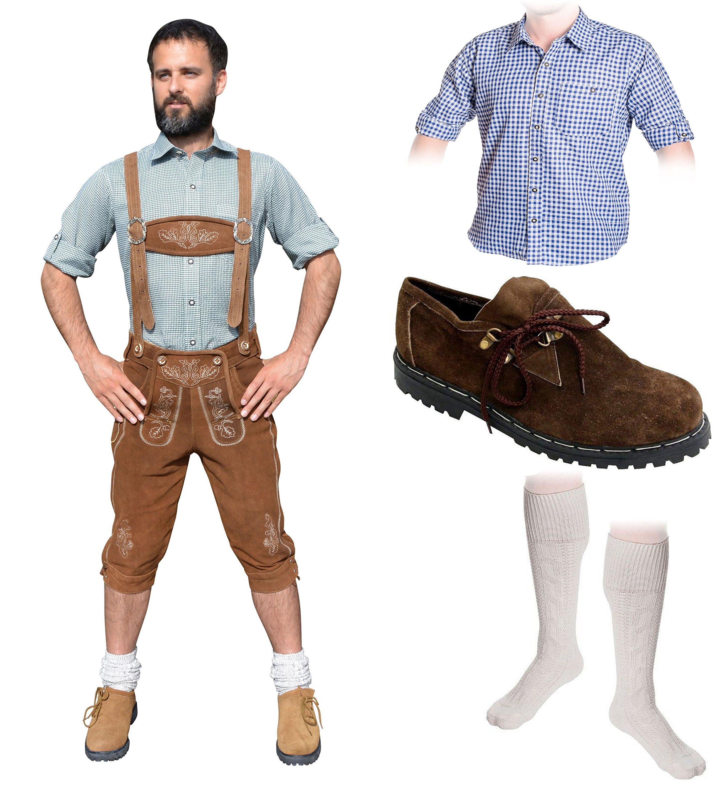 Herren Trachten Set A 5-teilig Trachten Lederhose HELLBRAUN 46-60 Trachtenhemd Schuhe Socken Oktoberfest