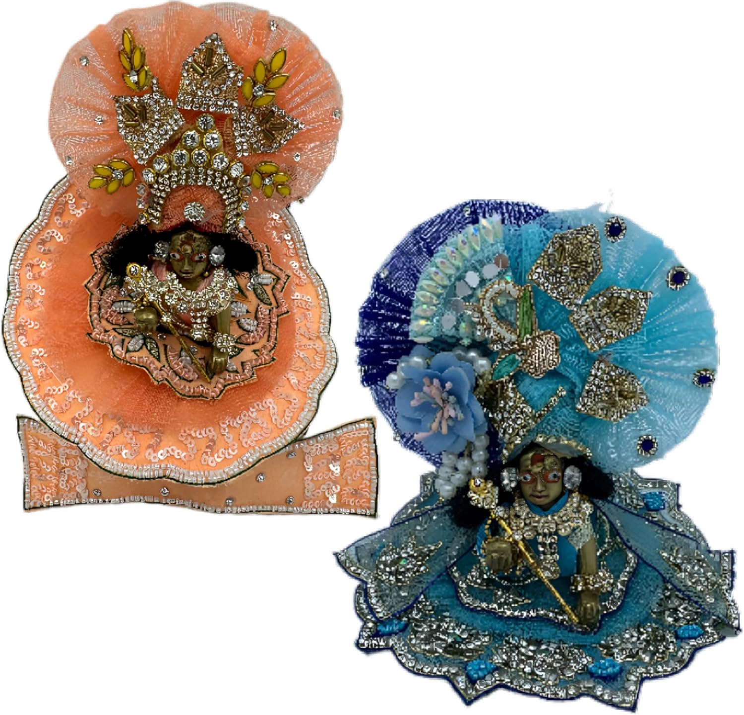 DREEMOH GOD'S TREAT Kanha Ji Designer Zardozi Dress | Krishna Ji Laddu Gopal Fancy Outfit | Kanhaiya Ji Net and Silk Poshak Set with Mukut & Accessories | Janmashtami Puja Wear (Pack of 4, 6 Inch)