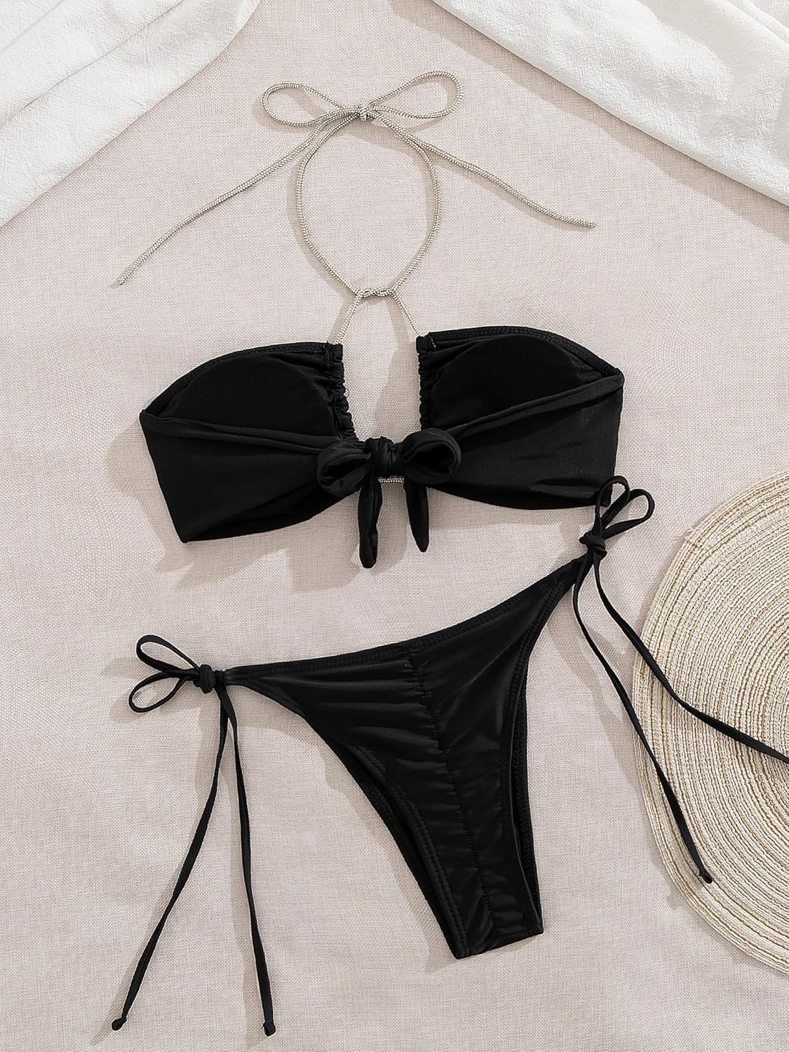 SPORLIKE Women Bandeau Two Pieces Bikini High Cut String Thong Cheeky Swimsuit Padded Bathing Suit