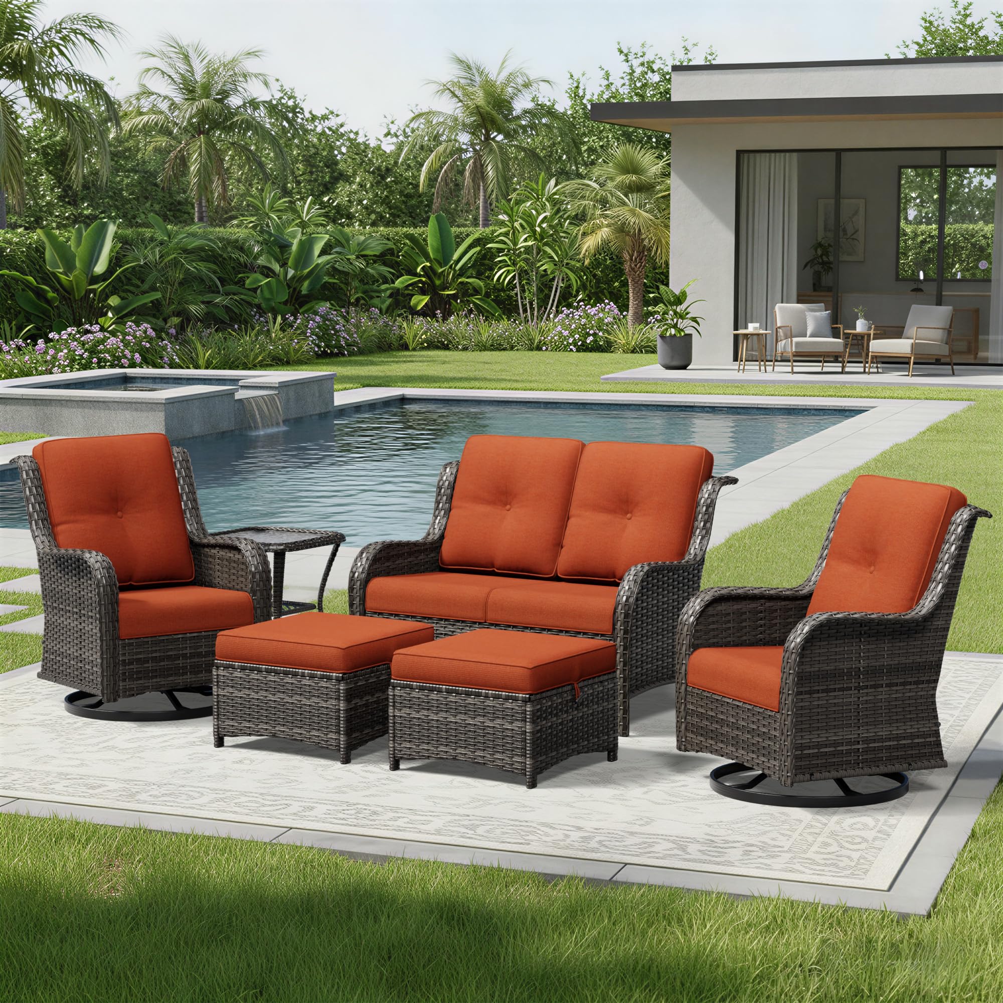 Joyside 6 Piece Wicker Patio Furniture Set, Outdoor Swivel Rocker Patio Chairs with High Back, Deep Seating, Wide Armrest, Thickened Cushions, Outdoor Furniture for Deck, Porch Use