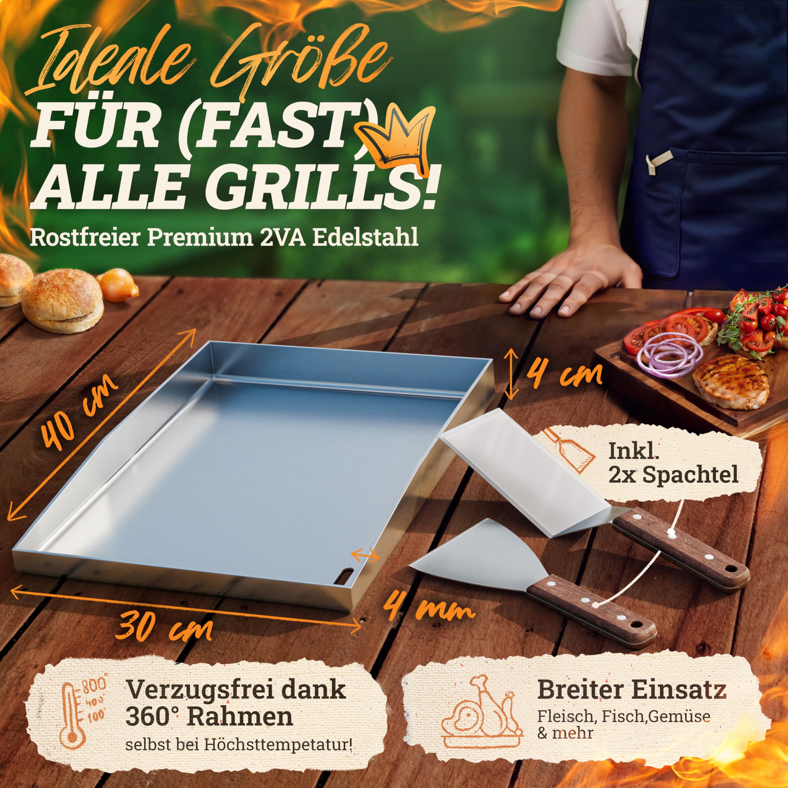 LIKAYA [BUNDLE] Plancha płyta grillowa ze stali nierdzewnej [30 x 40 cm] + zestaw do hamburgerów – 4 x szpachla do grilla i burger Smasher z uchwytem z drewna akacjowego FSC – idealne hamburgery na