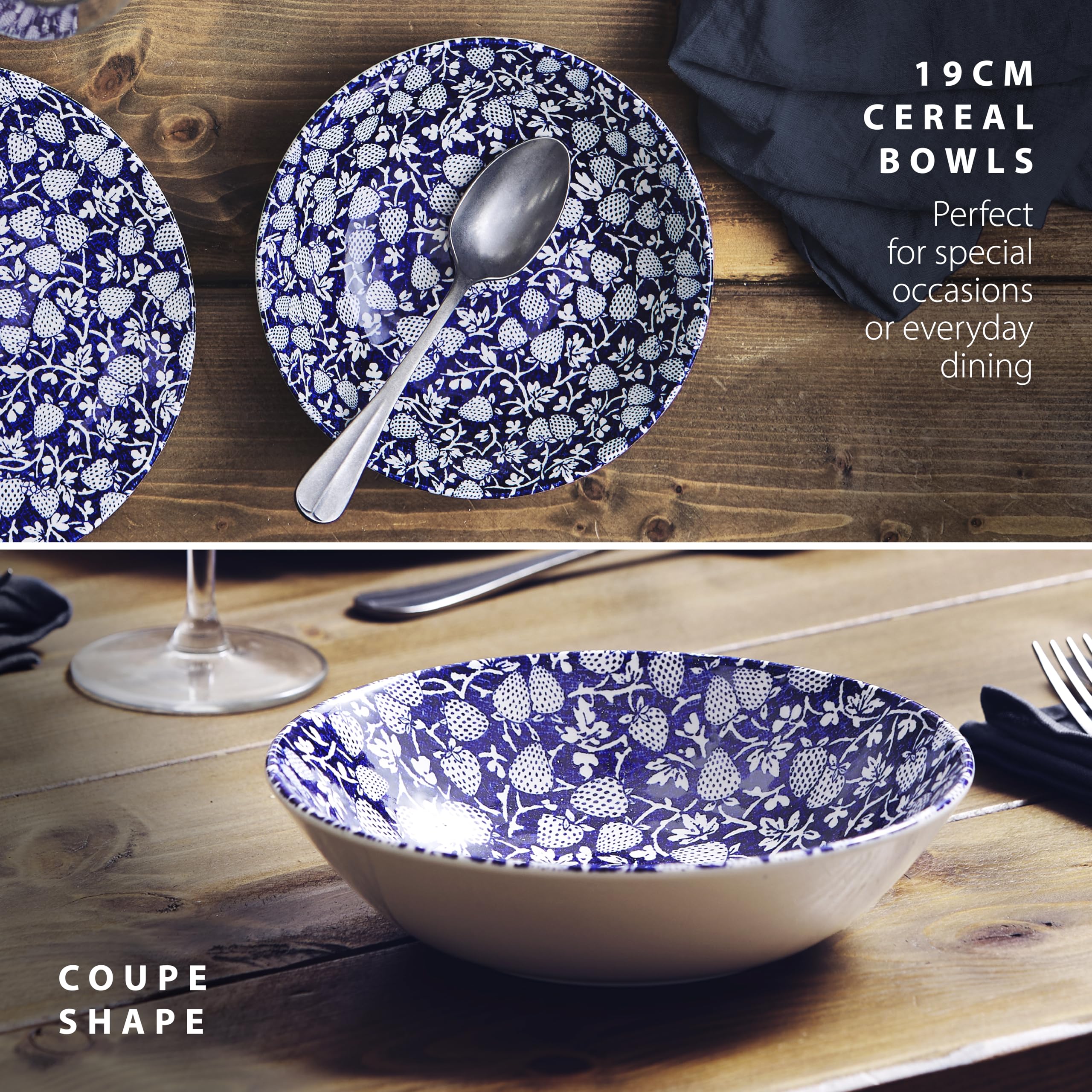 Wade Eton Set of 4 Cereal Bowls with Blue Strawberry Design, Crafted from Earthenware, Made in Stoke-on-Trent, 19.5cm, Blue - Image 3