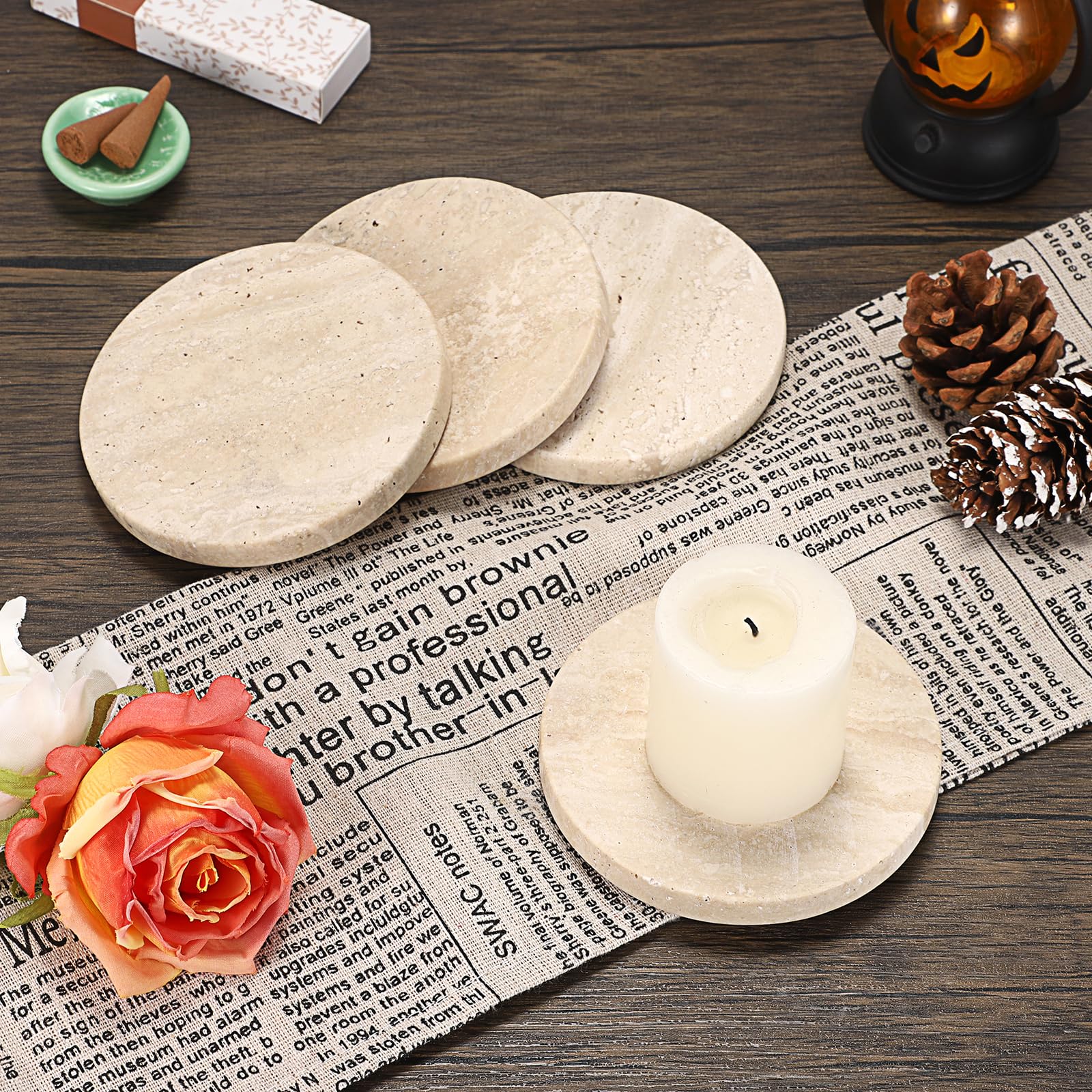 4 posavasos hexagonales de travertino de 10 x 10 cm con almohadillas de madera suave, posavasos de travertino de mármol beige natural, posavasos de piedra de travertino para bebidas, café