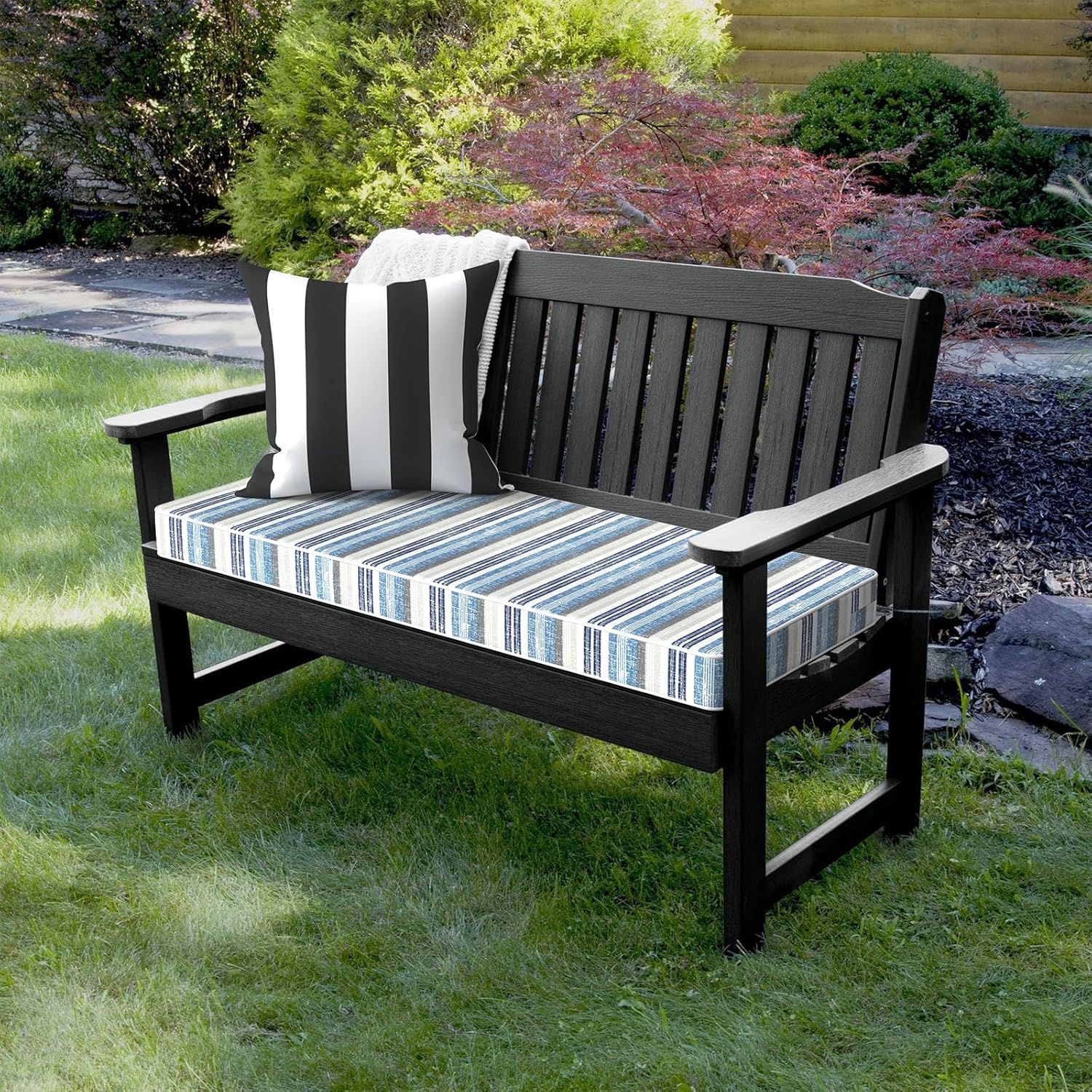 LVTXIII Bench Cushion with Ties, 48x18 Inch Water-Repellent Patio Furniture Cushion, 3" Thick Foam Pad for Outdoor Indoor Window Seat, Porch Swing, Loveseat, Stripe Layered Blue