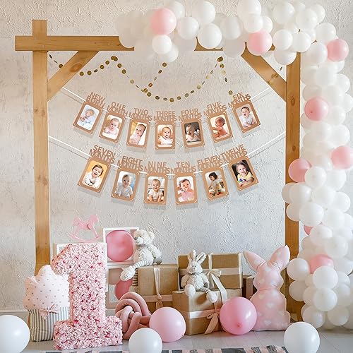Miniatura 6 de Crosize Cartel de fotos de primer cumpleaños para bebé de recién nacido a 12 meses, guirnalda de hitos mensuales para niño o niña, decoración de