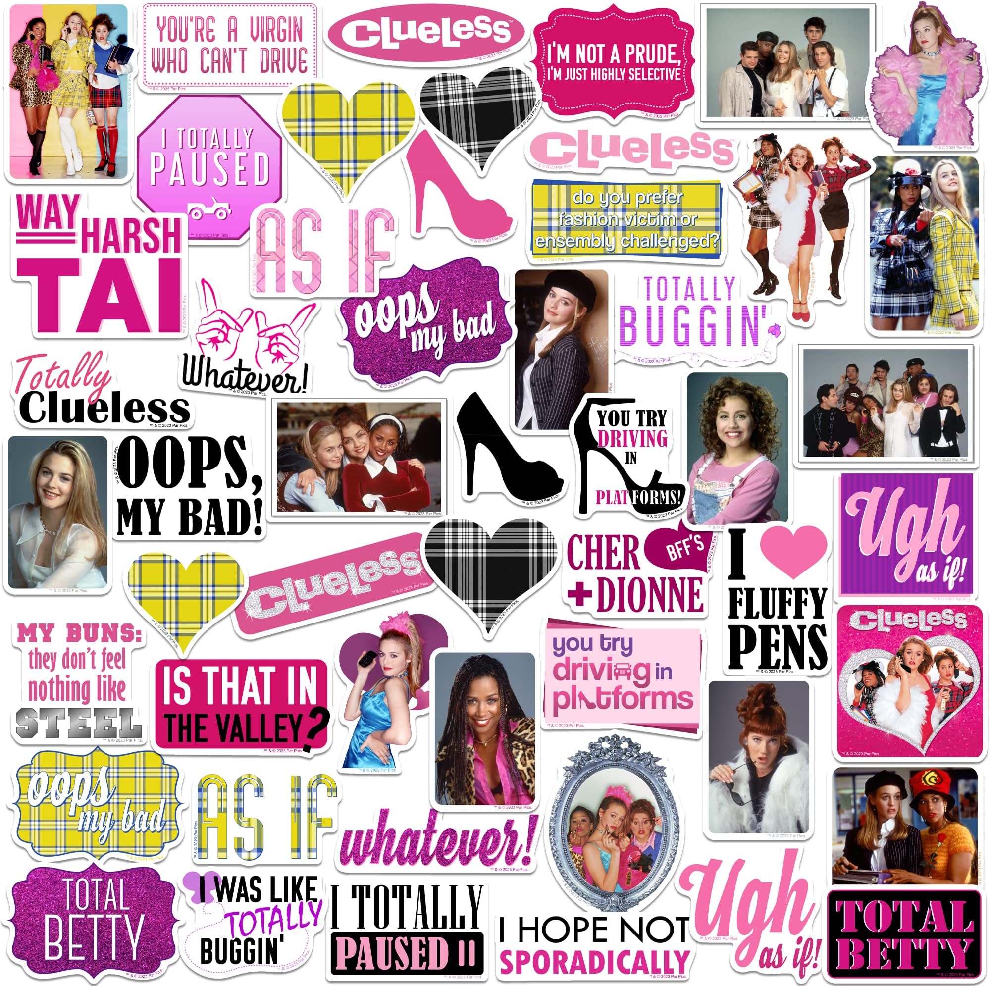 Clueless 50 Count Vinyl Large Deluxe Stickers Variety Pack โ 90s Movie Fashion Quotes & Icons Decals for Laptop, Water Bottle, Scrapbooking, Tablet, Indoor & Outdoor Use